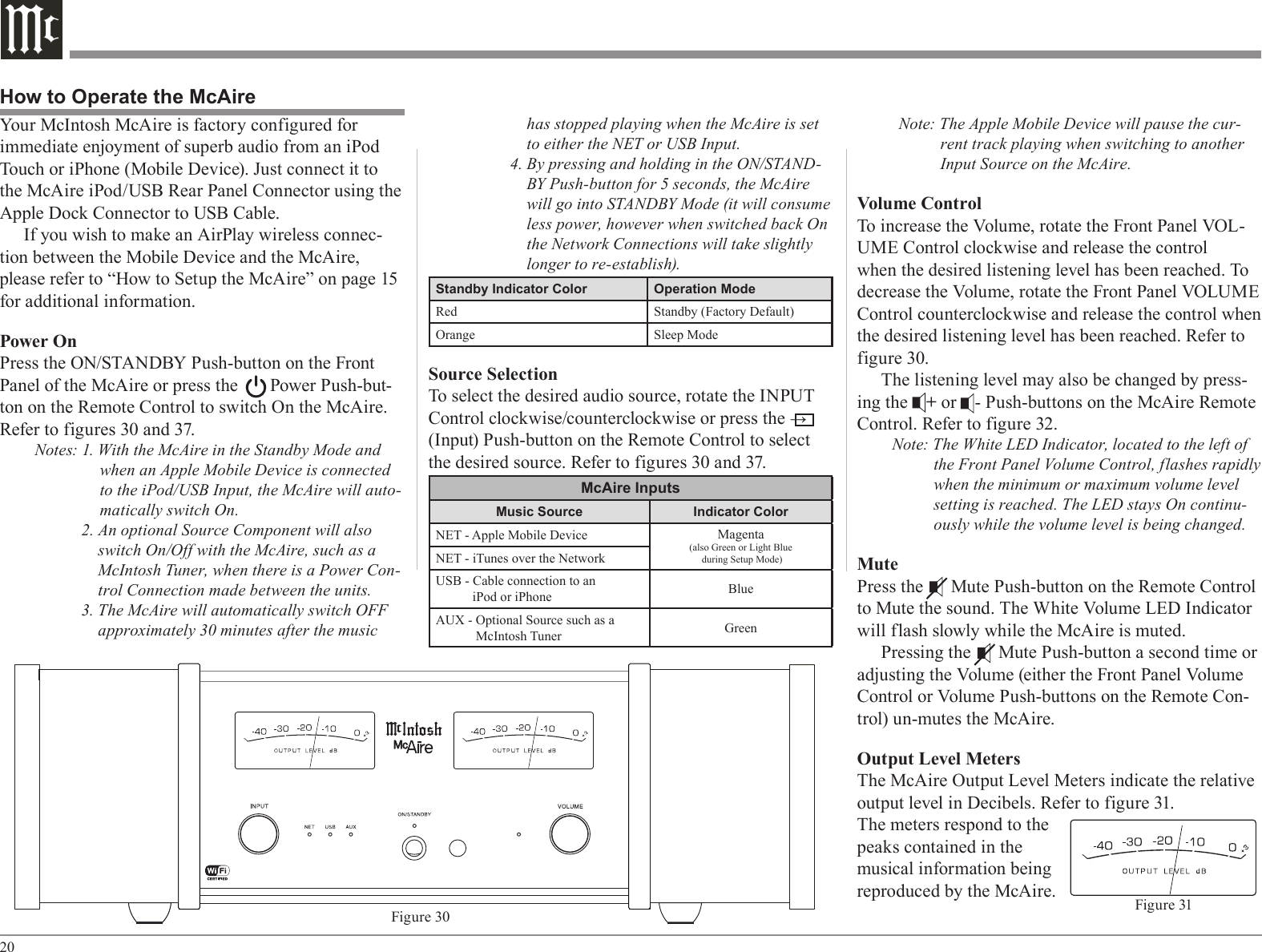 20has stopped playing when the McAire is set to either the NET or USB Input.4. By pressing and holding in the ON/STAND-BY Push-button for 5 seconds, the McAire will go into STANDBY Mode (it will consume less power, however when switched back On the Network Connections will take slightly longer to re-establish).Standby Indicator Color Operation ModeRed Standby (Factory Default)Orange Sleep ModeSource SelectionTo select the desired audio source, rotate the INPUT Control clockwise/counterclockwise or press the →   (Input) Push-button on the Remote Control to select the desired source. Refer to figures 30 and 37.McAire InputsMusic Source Indicator ColorNET - Apple Mobile Device Magenta(also Green or Light Blue during Setup Mode)NET - iTunes over the NetworkUSB - Cable connection to an           iPod or iPhone BlueAUX - Optional Source such as a            McIntosh Tuner GreenHow to Operate the McAireYour McIntosh McAire is factory configured for immediate enjoyment of superb audio from an iPod Touch or iPhone (Mobile Device). Just connect it to the McAire iPod/USB Rear Panel Connector using the Apple Dock Connector to USB Cable.If you wish to make an AirPlay wireless connec-tion between the Mobile Device and the McAire, please refer to “How to Setup the McAire” on page 15 for additional information.Power OnPress the ON/STANDBY Push-button on the Front Panel of the McAire or press the       Power Push-but-ton on the Remote Control to switch On the McAire. Refer to figures 30 and 37. Notes: 1. With the McAire in the Standby Mode and when an Apple Mobile Device is connected to the iPod/USB Input, the McAire will auto-matically switch On.2. An optional Source Component will also switch On/Off with the McAire, such as a McIntosh Tuner, when there is a Power Con-trol Connection made between the units.3. The McAire will automatically switch OFF approximately 30 minutes after the music Note: The Apple Mobile Device will pause the cur-rent track playing when switching to another Input Source on the McAire.Volume ControlTo increase the Volume, rotate the Front Panel VOL-UME Control clockwise and release the control when the desired listening level has been reached. To decrease the Volume, rotate the Front Panel VOLUME Control counterclockwise and release the control when the desired listening level has been reached. Refer to figure 30.The listening level may also be changed by press-ing the    + or    - Push-buttons on the McAire Remote Control. Refer to figure 32.Note: The White LED Indicator, located to the left of the Front Panel Volume Control, flashes rapidly when the minimum or maximum volume level setting is reached. The LED stays On continu-ously while the volume level is being changed.MutePress the      Mute Push-button on the Remote Control to Mute the sound. The White Volume LED Indicator will flash slowly while the McAire is muted.Pressing the      Mute Push-button a second time or adjusting the Volume (either the Front Panel Volume Control or Volume Push-buttons on the Remote Con-trol) un-mutes the McAire.Output Level MetersThe McAire Output Level Meters indicate the relative output level in Decibels. Refer to figure 31. The meters respond to the peaks contained in the musical information being reproduced by the McAire. Fig ure 31Figure 30