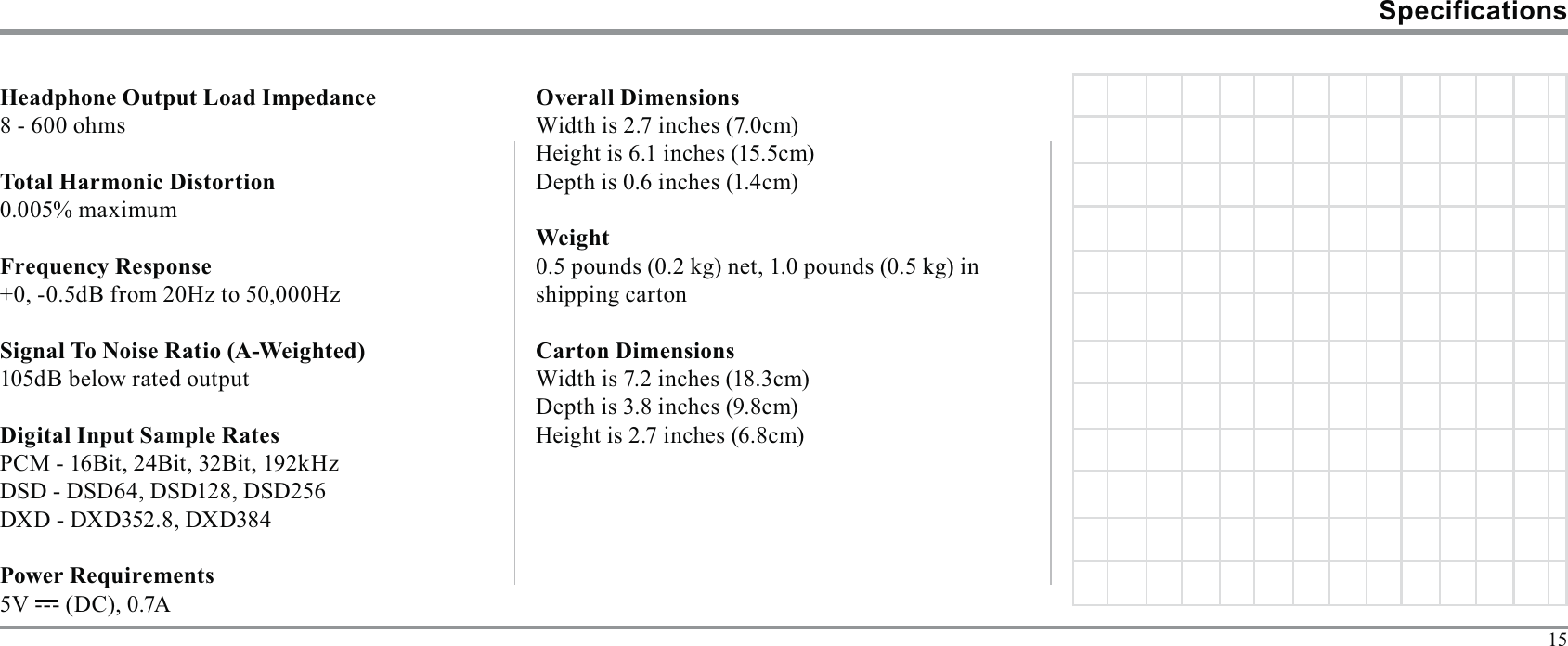 15Specifications8 - 600 ohmsDSD - DSD64, DSD128, DSD256DXD - DXD352.8, DXD384shipping carton