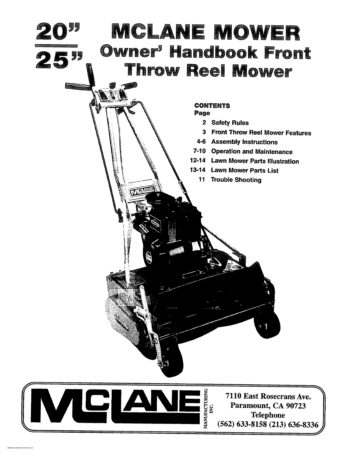 Mcclane 20 3.5RP 10 User Manual FRONT THROW REEL MOWER Manuals And Guides  1006889L