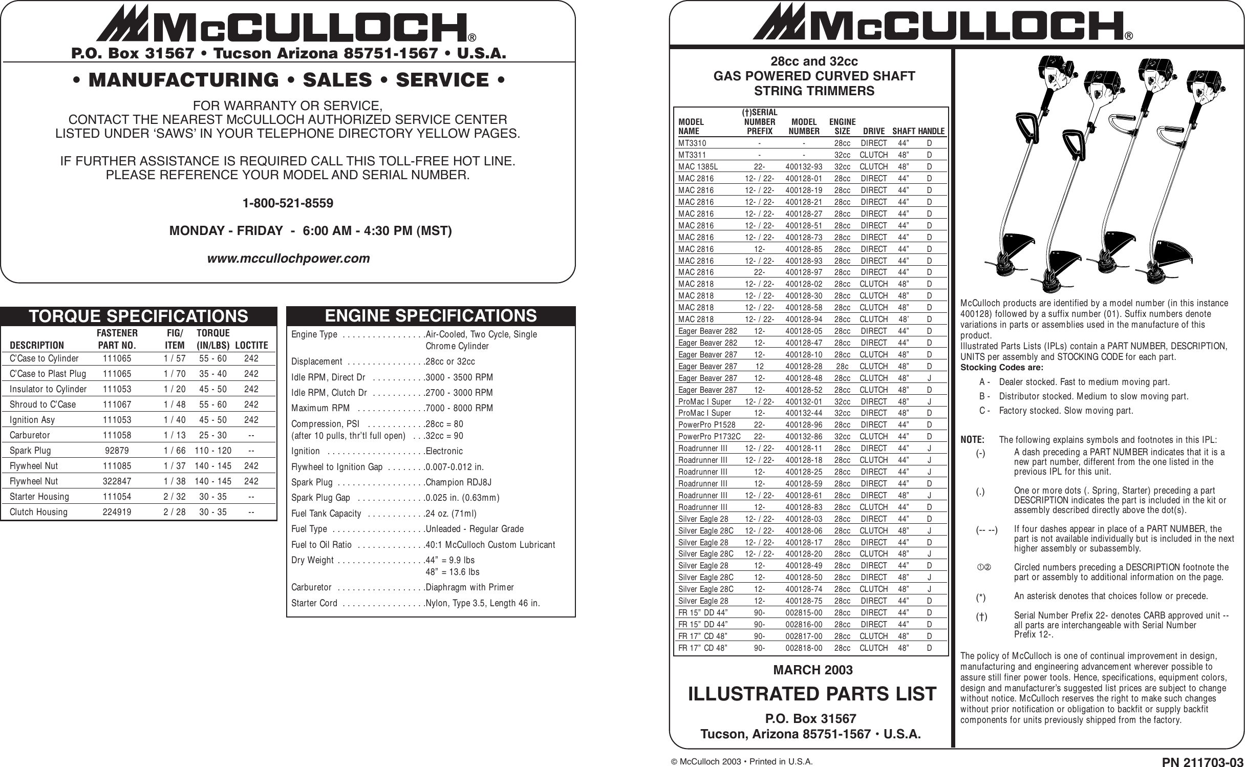 Page 1 of 8 - Mcculloch Mcculloch-28Cc-Parts-List- Front 1  Mcculloch-28cc-parts-list