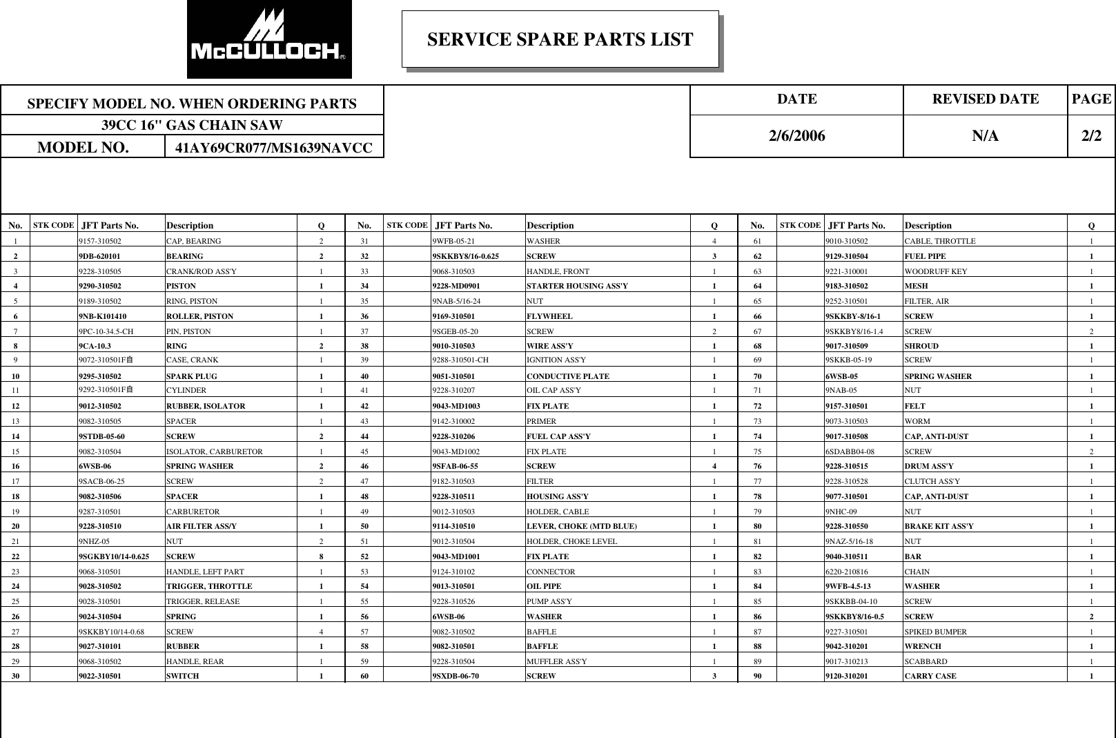 Page 2 of 2 - Mcculloch Mcculloch-41Ay69Cr077-Parts-List- 41AY69CR077  Mcculloch-41ay69cr077-parts-list