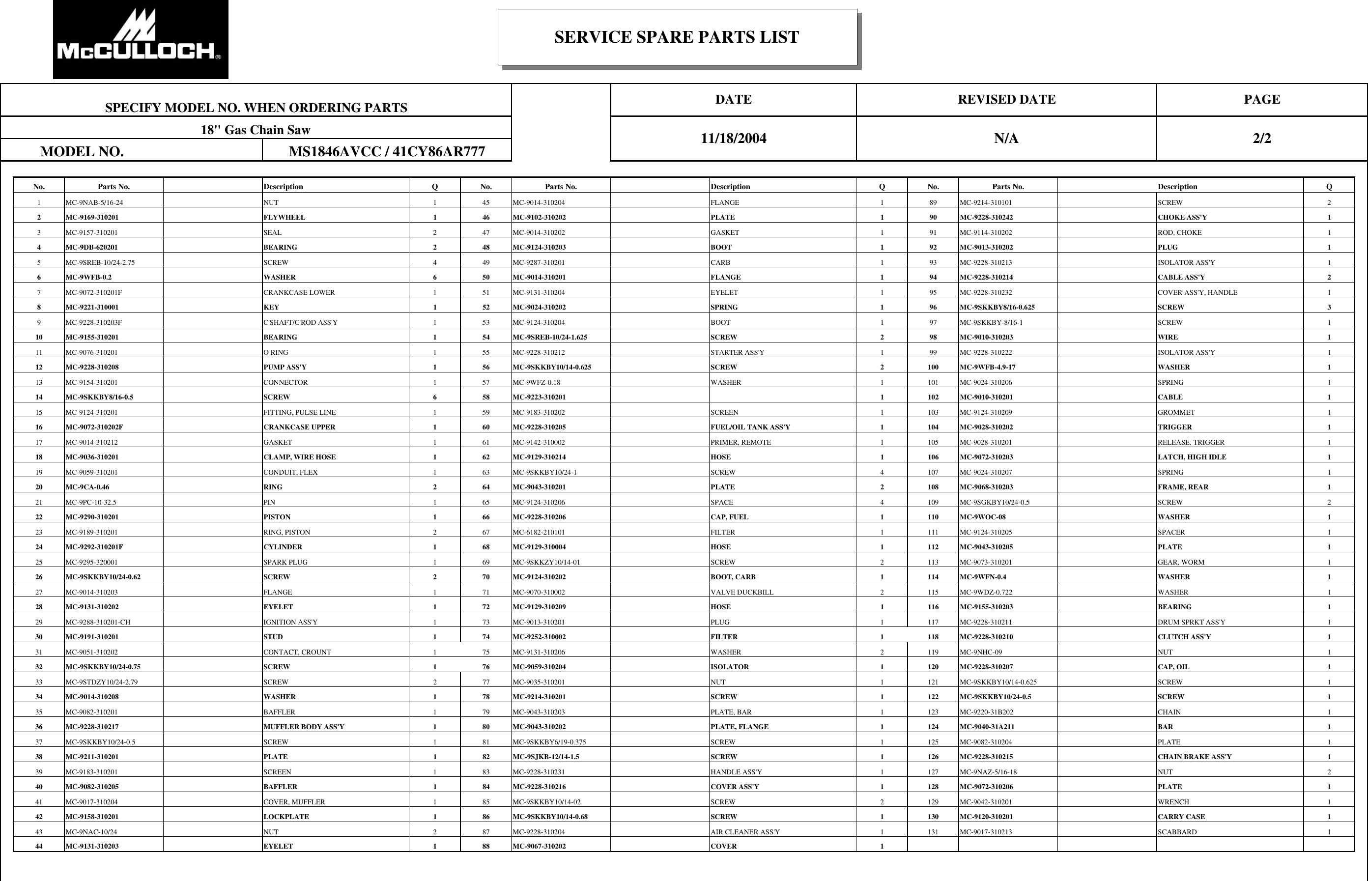 Page 2 of 2 - Mcculloch Mcculloch-41Cy86Ar777-Parts-List- 41cy86ar777  Mcculloch-41cy86ar777-parts-list