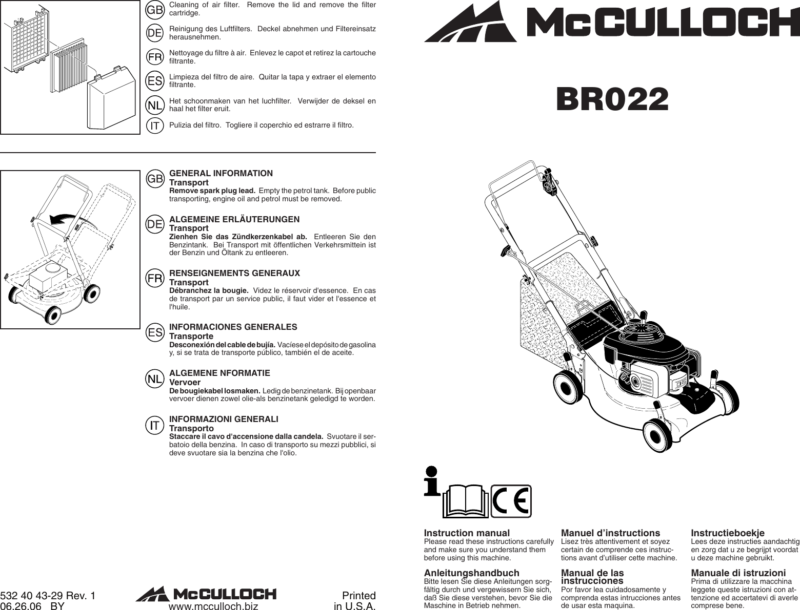 Page 1 of 10 - Mcculloch Mcculloch-96141003802-Instruction-Manual- OM, McCulloch, BRO22, 96141003802, 2007-02, Lawn Mower, EN, DE, FR, ES, NL, IT  Mcculloch-96141003802-instruction-manual