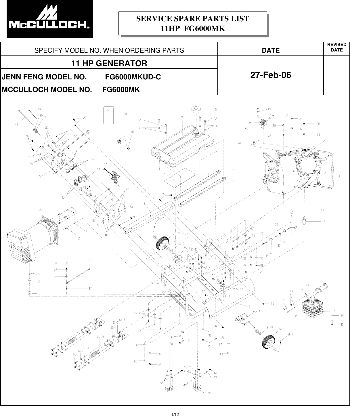 Page 1 of 12 - Mcculloch Mcculloch-Fg6000Mkud-C-Parts-List- IPL, McCulloch, FG6000MK, 2008-06, 7096FG6024, 966991401, US  Mcculloch-fg6000mkud-c-parts-list