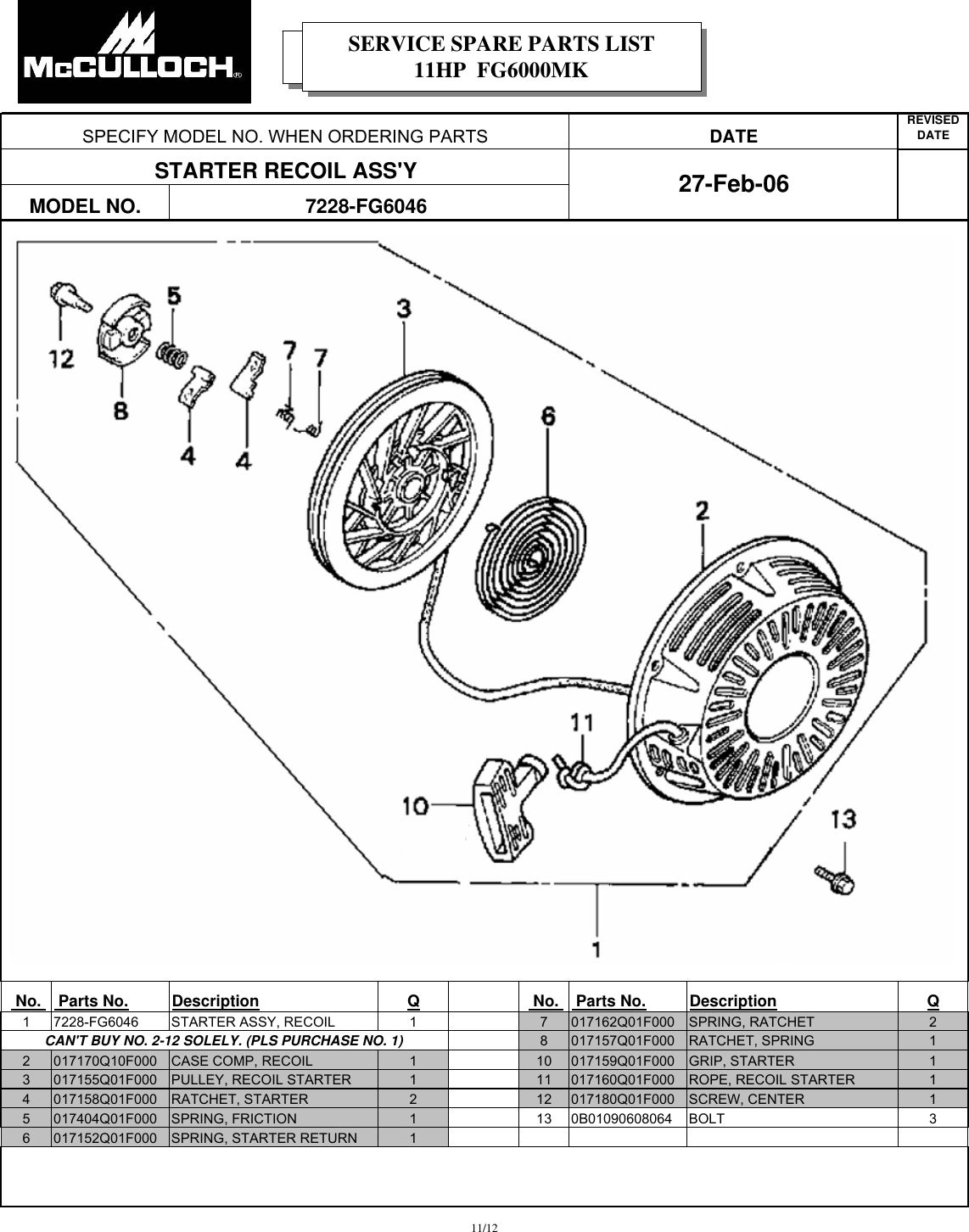 XIAOWEI Recoil Starter For McCulloch FG5700AK FG6000MK FG7000MO Generators - Iron Construction