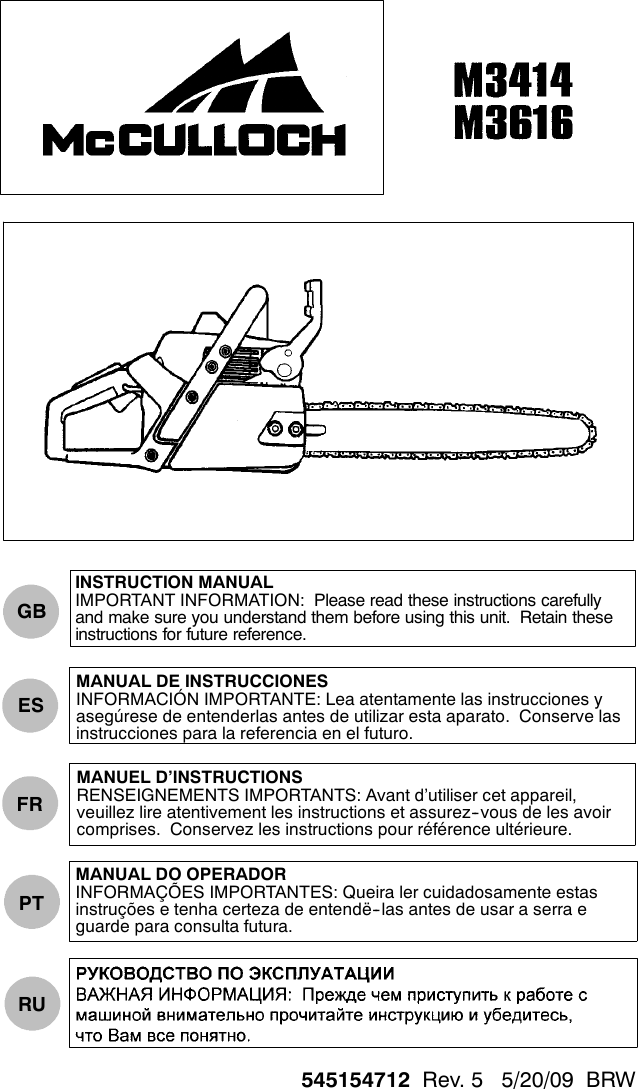 Mcculloch M3414 Users Manual OM, McCulloch, M3414, M3616, 952802296