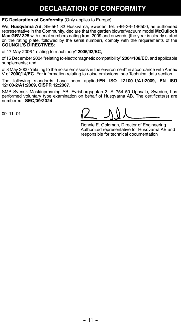 Page 11 of 12 - Mcculloch Mcculloch-Mac-Gbv-325-Users-Manual- OM, McCulloch, Mac GBV325, 952715703, 952715735, 2010-08, Blower, EN  Mcculloch-mac-gbv-325-users-manual