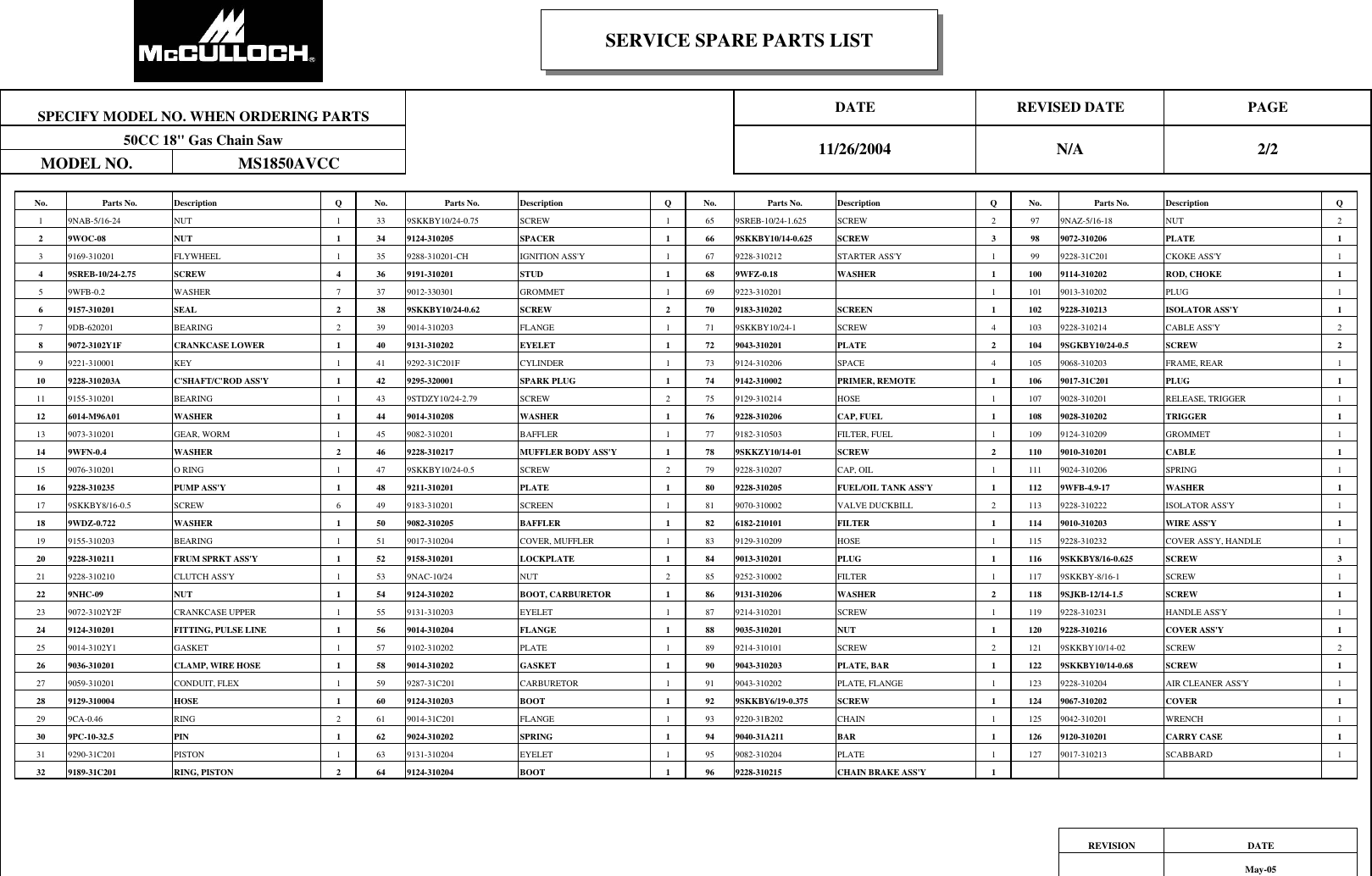 Page 2 of 2 - Mcculloch Mcculloch-Ms1850Avcc-Parts-List- 41AY80AR977  Mcculloch-ms1850avcc-parts-list