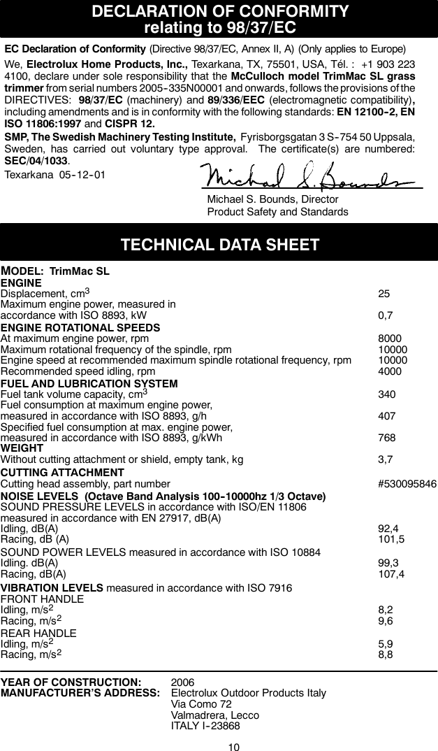 Page 10 of 10 - Mcculloch Mcculloch-Trimmac-Sl-545097742-Users-Manual- OM, McCulloch, Trim Mac SL, 2006-01, Brush Cutter, EN  Mcculloch-trimmac-sl-545097742-users-manual