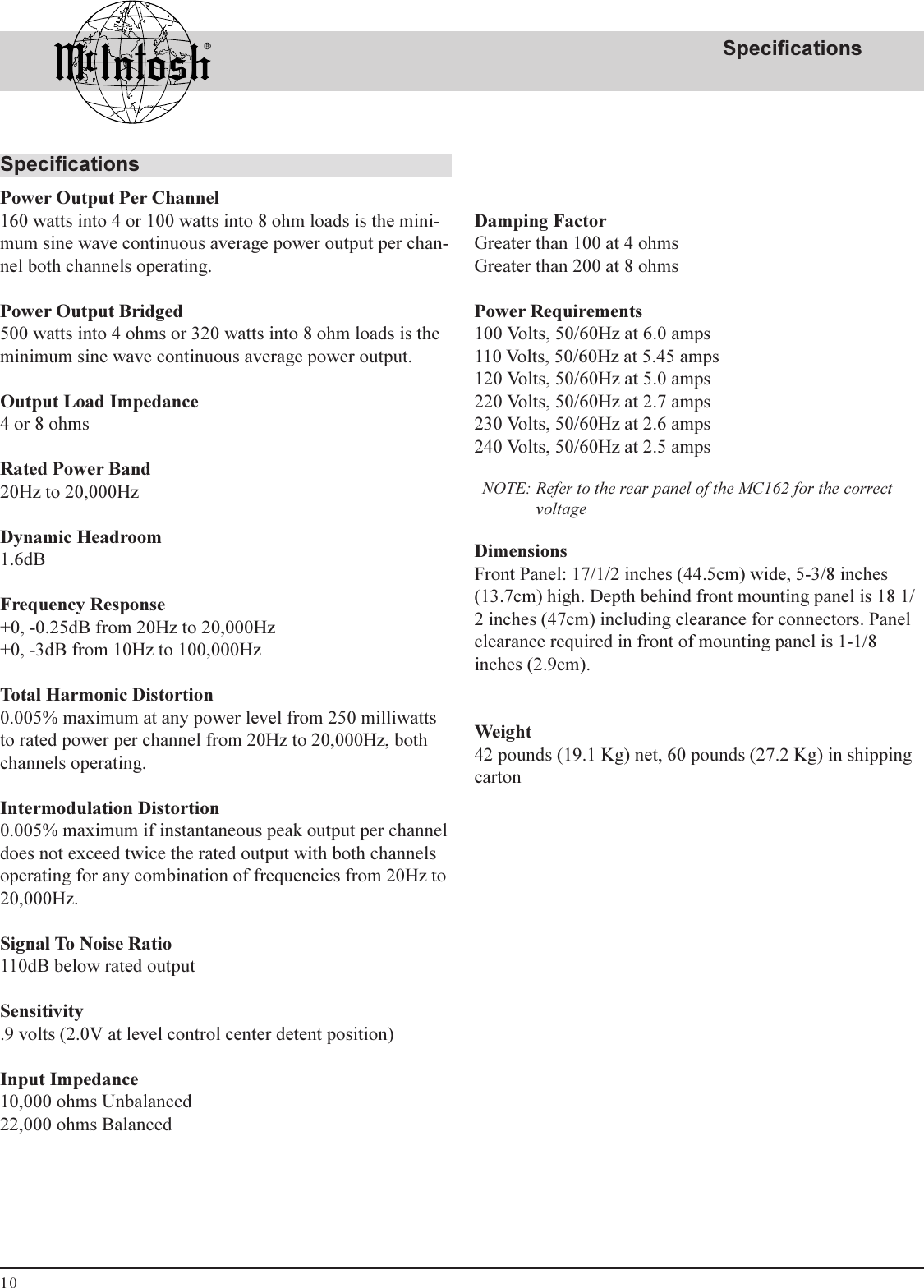 Page 10 of 12 - Mcintosh Mcintosh-Mc-162-Users-Manual- Mc16om02.pm6  Mcintosh-mc-162-users-manual