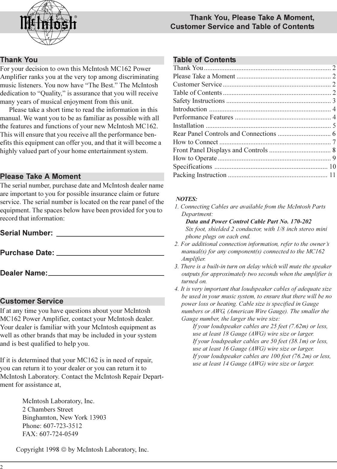 Page 2 of 12 - Mcintosh Mcintosh-Mc-162-Users-Manual- Mc16om02.pm6  Mcintosh-mc-162-users-manual