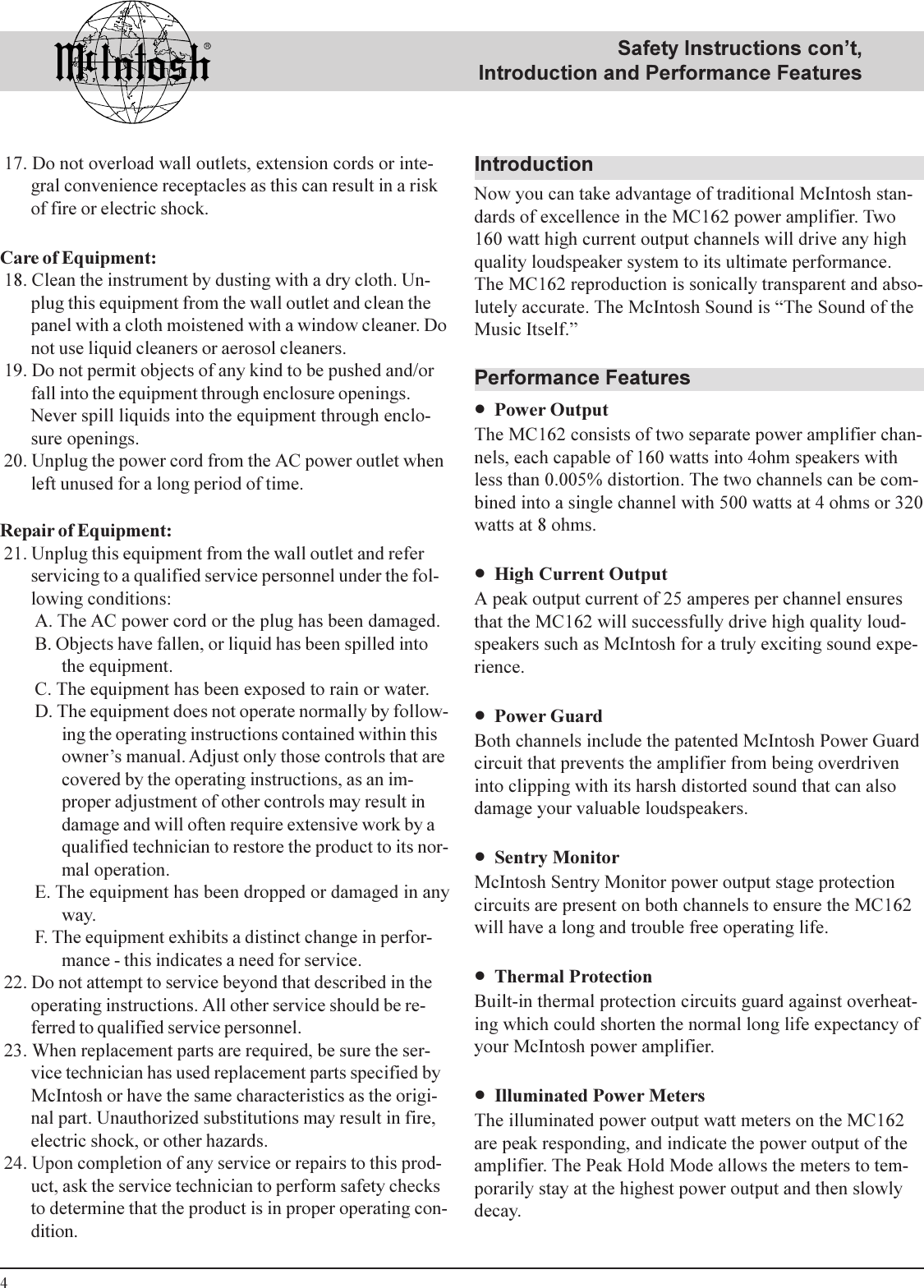 Page 4 of 12 - Mcintosh Mcintosh-Mc-162-Users-Manual- Mc16om02.pm6  Mcintosh-mc-162-users-manual