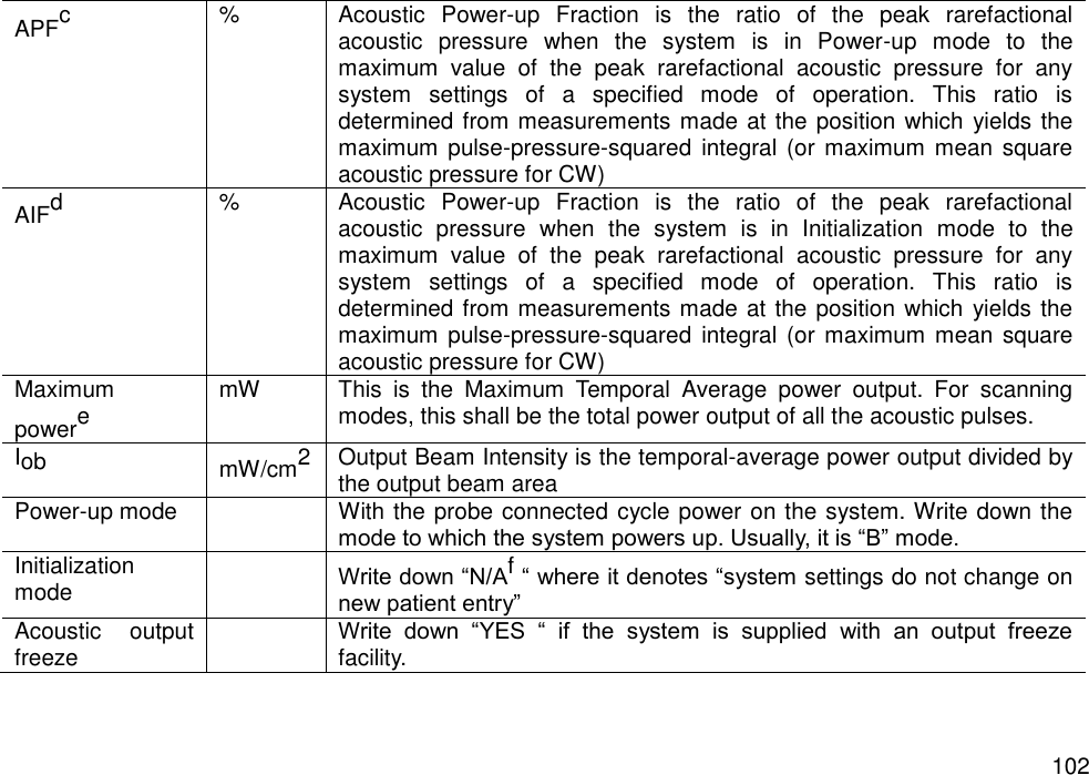   102 APFc % Acoustic  Power-up  Fraction  is  the  ratio  of  the  peak  rarefactional acoustic  pressure  when  the  system  is  in  Power-up  mode  to  the maximum  value  of  the  peak  rarefactional  acoustic  pressure  for  any system  settings  of  a  specified  mode  of  operation.  This  ratio  is determined from measurements made at the position which yields the maximum  pulse-pressure-squared integral  (or  maximum mean  square acoustic pressure for CW) AIFd % Acoustic  Power-up  Fraction  is  the  ratio  of  the  peak  rarefactional acoustic  pressure  when  the  system  is  in  Initialization  mode  to  the maximum  value  of  the  peak  rarefactional  acoustic  pressure  for  any system  settings  of  a  specified  mode  of  operation.  This  ratio  is determined from measurements made at the position which yields the maximum  pulse-pressure-squared integral  (or  maximum mean square acoustic pressure for CW) Maximum powere mW This  is  the  Maximum  Temporal  Average  power  output.  For  scanning modes, this shall be the total power output of all the acoustic pulses. Iob mW/cm2 Output Beam Intensity is the temporal-average power output divided by the output beam area Power-up mode  With the probe connected cycle power on the system. Write down the mode to which the system powers up. Usually, it is “B” mode. Initialization mode  Write down “N/Af “ where it denotes “system settings do not change on new patient entry” Acoustic    output freeze  Write  down  “YES  “  if  the  system  is  supplied  with  an  output  freeze facility.   