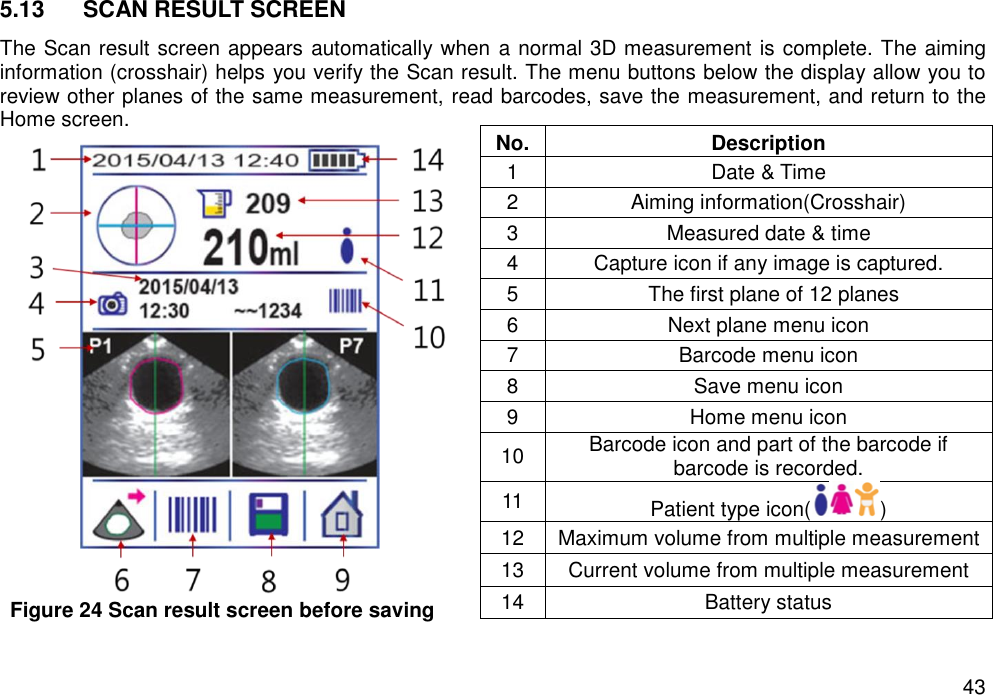   43 5.13  SCAN RESULT SCREEN   The Scan result screen appears automatically when a normal 3D measurement is complete. The aiming information (crosshair) helps you verify the Scan result. The menu buttons below the display allow you to review other planes of the same measurement, read barcodes, save the measurement, and return to the Home screen.    Figure 24 Scan result screen before saving No. Description 1 Date &amp; Time 2 Aiming information(Crosshair) 3 Measured date &amp; time 4 Capture icon if any image is captured. 5   The first plane of 12 planes   6 Next plane menu icon 7 Barcode menu icon 8 Save menu icon 9 Home menu icon 10 Barcode icon and part of the barcode if barcode is recorded. 11 Patient type icon( ) 12 Maximum volume from multiple measurement 13 Current volume from multiple measurement 14 Battery status 