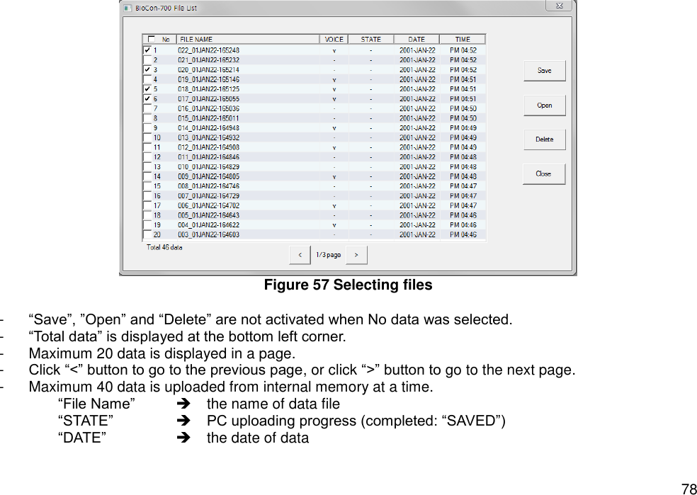   78  Figure 57 Selecting files  -  “Save”, ”Open” and “Delete” are not activated when No data was selected.   -  “Total data” is displayed at the bottom left corner.   -  Maximum 20 data is displayed in a page.   -  Click “&lt;” button to go to the previous page, or click “&gt;” button to go to the next page. -  Maximum 40 data is uploaded from internal memory at a time.   “File Name”   the name of data file  “STATE”     PC uploading progress (completed: “SAVED”)  “DATE”       the date of data   