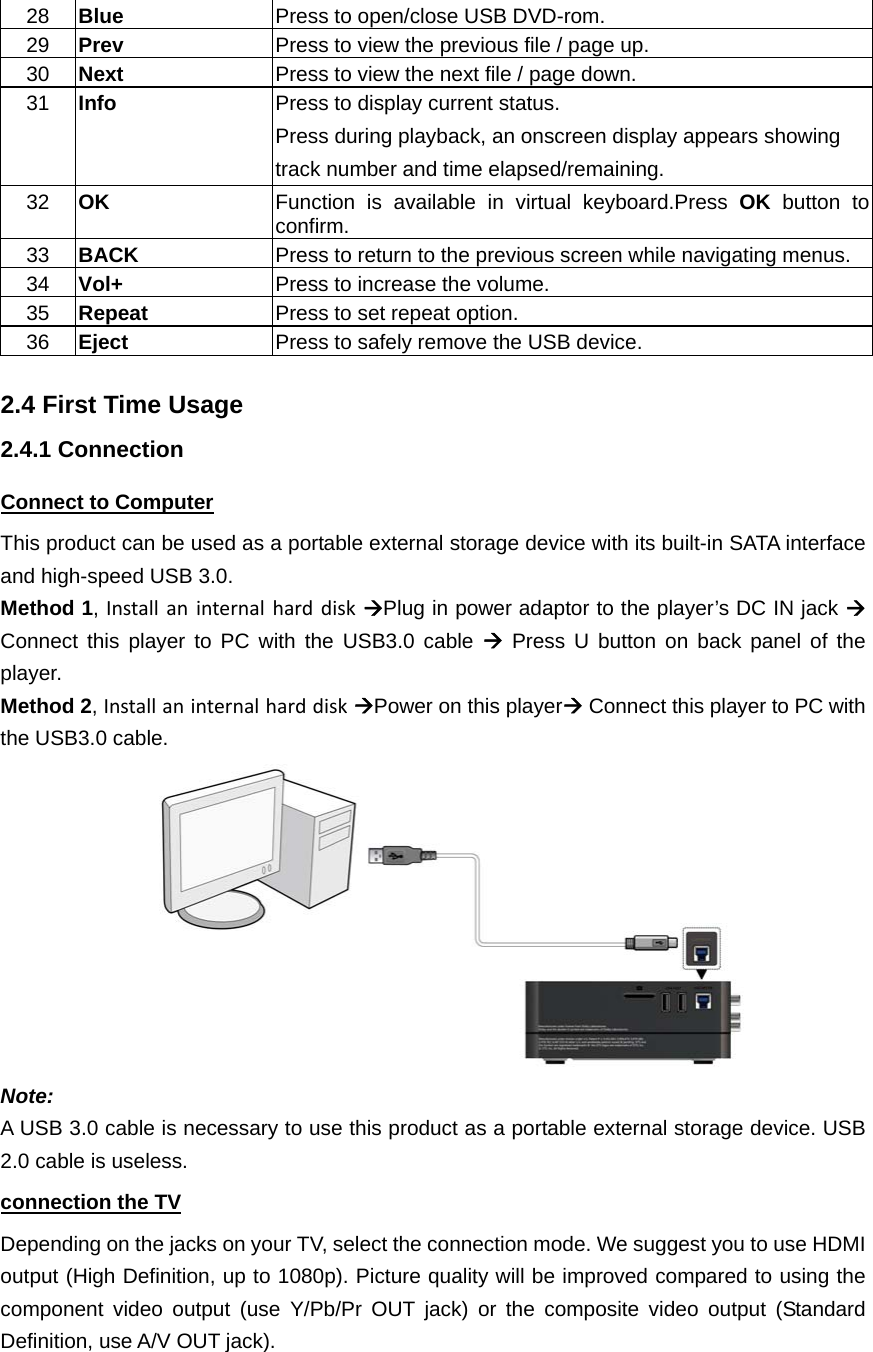 28  Blue  Press to open/close USB DVD-rom. 29  Prev  Press to view the previous file / page up. 30  Next  Press to view the next file / page down. 31  Info  Press to display current status. Press during playback, an onscreen display appears showing track number and time elapsed/remaining. 32  OK  Function is available in virtual keyboard.Press OK button to confirm. 33  BACK  Press to return to the previous screen while navigating menus. 34  Vol+  Press to increase the volume. 35  Repeat  Press to set repeat option. 36  Eject  Press to safely remove the USB device.  2.4 First Time Usage 2.4.1 Connection Connect to Computer This product can be used as a portable external storage device with its built-in SATA interface and high-speed USB 3.0.   Method 1, Installaninternalharddisk Plug in power adaptor to the player’s DC IN jack  Connect this player to PC with the USB3.0 cable  Press U button on back panel of the player. Method 2, Installaninternalharddisk Power on this player Connect this player to PC with the USB3.0 cable.  Note: A USB 3.0 cable is necessary to use this product as a portable external storage device. USB 2.0 cable is useless. connection the TV Depending on the jacks on your TV, select the connection mode. We suggest you to use HDMI output (High Definition, up to 1080p). Picture quality will be improved compared to using the component video output (use Y/Pb/Pr OUT jack) or the composite video output (Standard Definition, use A/V OUT jack). 