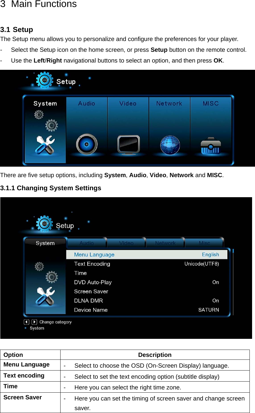 3 Main Functions 3.1 Setup  The Setup menu allows you to personalize and configure the preferences for your player. -  Select the Setup icon on the home screen, or press Setup button on the remote control. - Use the Left/Right navigational buttons to select an option, and then press OK.  There are five setup options, including System, Audio, Video, Network and MISC.  3.1.1 Changing System Settings   Option Description Menu Language  -  Select to choose the OSD (On-Screen Display) language. Text encoding -  Select to set the text encoding option (subtitle display) Time  -  Here you can select the right time zone. Screen Saver  -  Here you can set the timing of screen saver and change screen saver. 