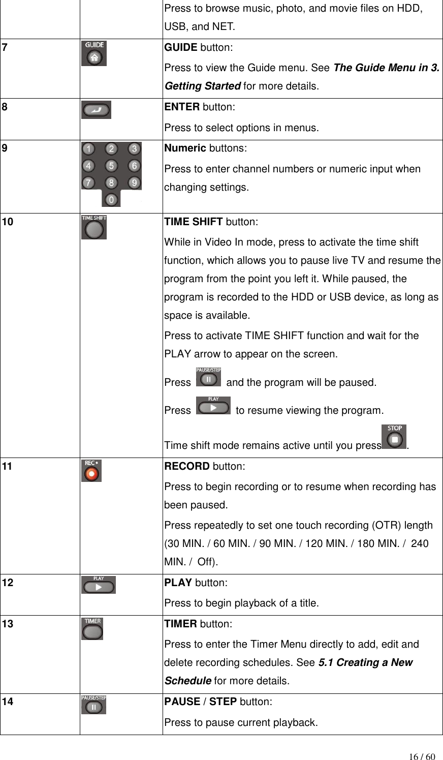                                           16 / 60 Press to browse music, photo, and movie files on HDD, USB, and NET. 7  GUIDE button: Press to view the Guide menu. See The Guide Menu in 3. Getting Started for more details. 8  ENTER button: Press to select options in menus. 9  Numeric buttons: Press to enter channel numbers or numeric input when changing settings. 10  TIME SHIFT button: While in Video In mode, press to activate the time shift function, which allows you to pause live TV and resume the program from the point you left it. While paused, the program is recorded to the HDD or USB device, as long as space is available. Press to activate TIME SHIFT function and wait for the PLAY arrow to appear on the screen. Press    and the program will be paused. Press    to resume viewing the program. Time shift mode remains active until you press . 11  RECORD button: Press to begin recording or to resume when recording has been paused. Press repeatedly to set one touch recording (OTR) length (30 MIN. / 60 MIN. / 90 MIN. / 120 MIN. / 180 MIN. / 240 MIN. / Off). 12  PLAY button: Press to begin playback of a title. 13  TIMER button: Press to enter the Timer Menu directly to add, edit and delete recording schedules. See 5.1 Creating a New Schedule for more details. 14  PAUSE / STEP button: Press to pause current playback. 