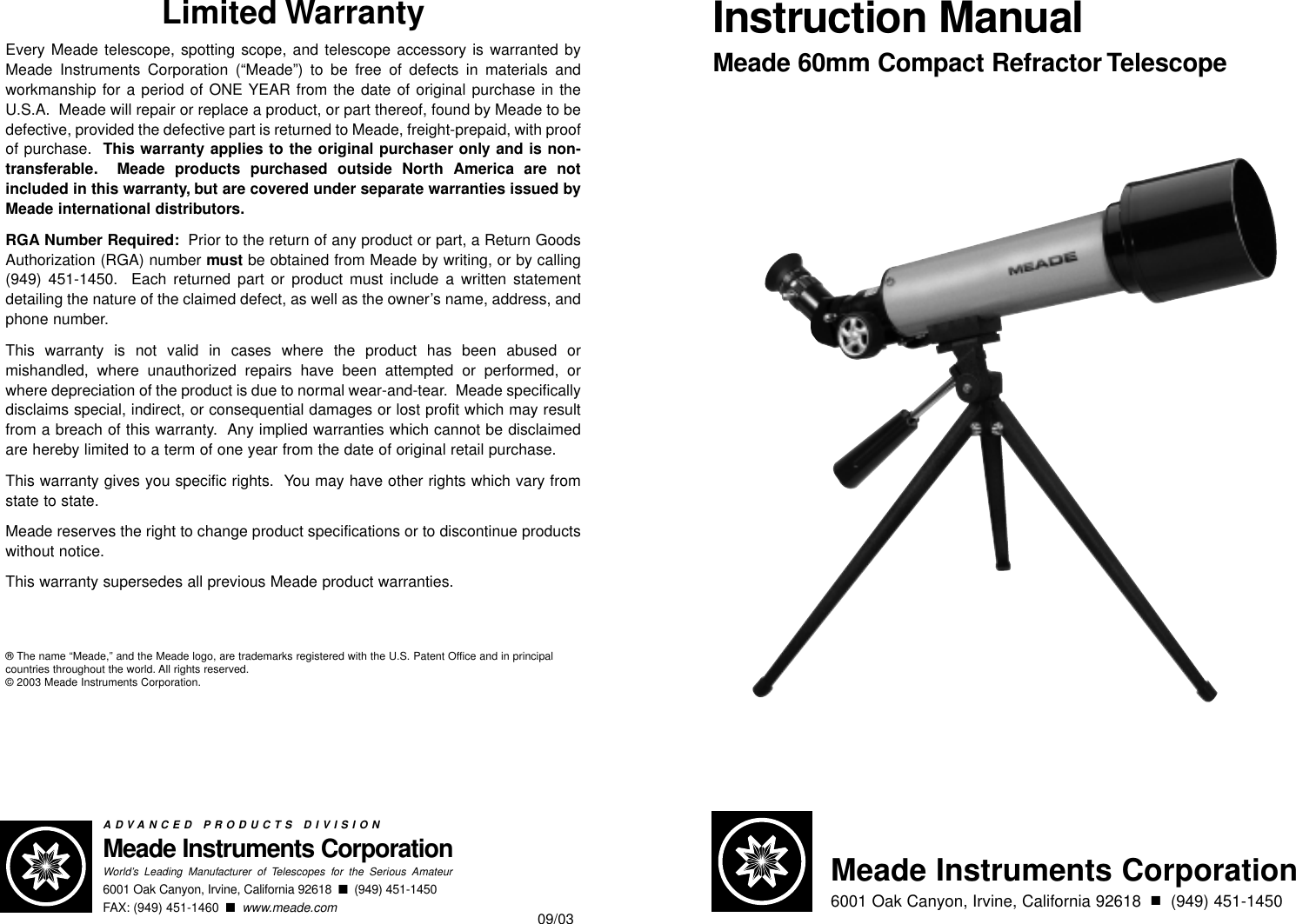 Page 1 of 4 - Meade Meade-60Az-T-Users-Manual-  Meade-60az-t-users-manual