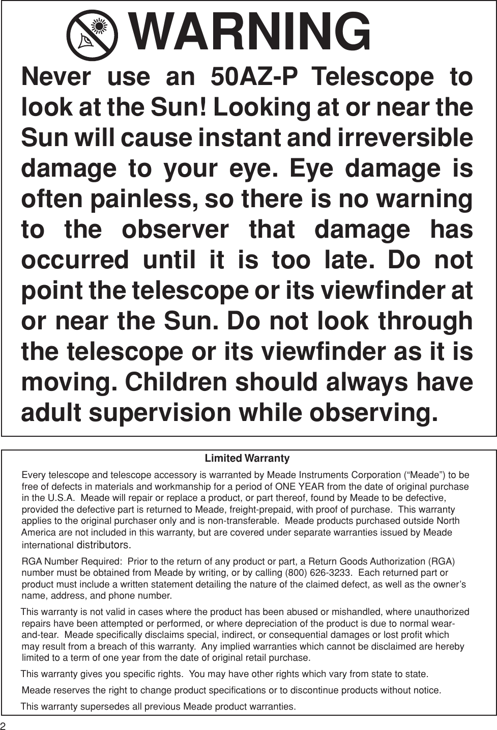 Page 2 of 8 - Meade Meade-Instruments-Telescope-50Az-P-Users-Manual- 50AZ-P 03.09  Meade-instruments-telescope-50az-p-users-manual