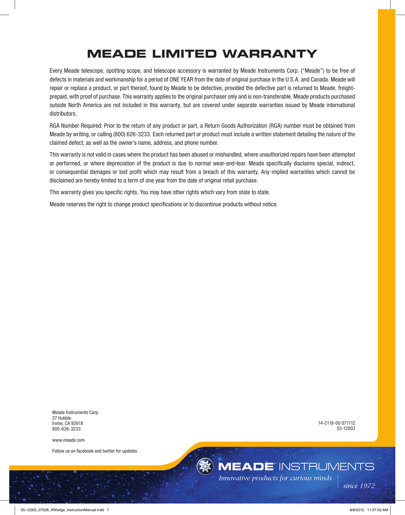 Page 8 of 8 - Meade Meade-X-Wedge-Instruction-Manual- Meade-x-wedge-instruction-manual