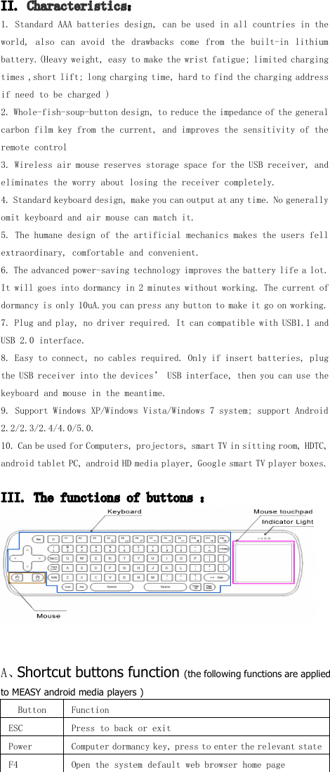 II. C haracteristics ：1. Stand a rd AAA batteries design, can be used in all countries in theworld, also can avoid the drawbacks come from the built-in lithiumbattery. (Heavy weight, easy to make the wrist fatigue; limited chargingtimes ,short lift; long charging time, hard to find the charging addressif need to be charged )2. Whole-fish-soup-button design, to reduce the impedance of the generalcarbon film key from the current, and improves the sensitivity of theremote control3. Wireless air mouse reserves storage space for the USB receiver , andeliminates the worry about losing the receiver completely.4. Standard keyboard design, make you can output at any time. No generallyomit keyboard and air mouse can match it.5. The humane design of the artificial mechanics make s t he users fellextraordinary, comfortable and convenient.6. The advanced power-saving technology improves the battery life a lot.It will goes into dormancy in 2 minutes without working. The current ofdormancy is only 10uA.you can press any button to make it go on working.7. Plug and play, no driver required. It can compatible with USB1.1 andUSB 2.0 interface.8. Easy to connect, no cables required. Only if insert batteries, plugthe USB receiver into the devices &rsquo; USB interface, then you can use thekeyboard and mouse in the meantime.9. Support Windows XP/Windows Vista/Windows 7 system ; support Android2.2/2.3/2.4/4.0/5.0.10 . Can be used for Computers, projectors, smart TV in sitting room , HDTC,android tablet PC, android HD media player, Google smart TV player boxes.III. The functions of buttons ：A 、 Shortcut buttons function (the following functions are appliedto MEASY android media players )Button FunctionESC Press to back or exitPower Computer dormancy key, press to enter the relevant stateF4 Open the system default web browser home page