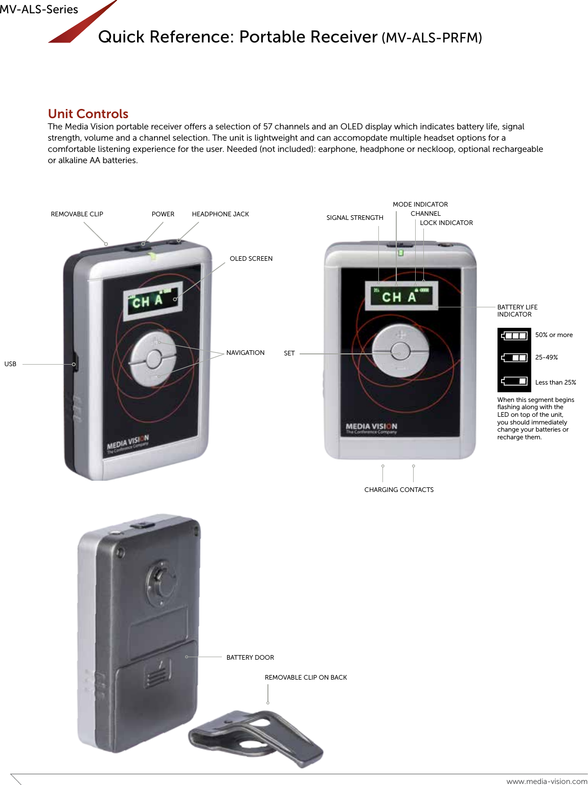 4www.media-vision.comMV-ALS-SeriesQuick Reference: Portable Receiver (MV-ALS-PRFM)Unit ControlsThe Media Vision portable receiver oers a selection of 57 channels and an OLED display which indicates battery life, signal strength, volume and a channel selection. The unit is lightweight and can accomopdate multiple headset options for a comfortable listening experience for the user. Needed (not included): earphone, headphone or neckloop, optional rechargeable or alkaline AA batteries.BATTERY LIFE INDICATORLOCK INDICATORMODE INDICATORSIGNAL STRENGTH CHANNEL50% or more25-49%Less than 25% When this segment begins ﬂashing along with the LED on top of the unit, you should immediately change your batteries or recharge them.REMOVABLE CLIP POWER HEADPHONE JACKUSBOLED SCREENREMOVABLE CLIP ON BACKBATTERY DOORSETNAVIGATIONCHARGING CONTACTS