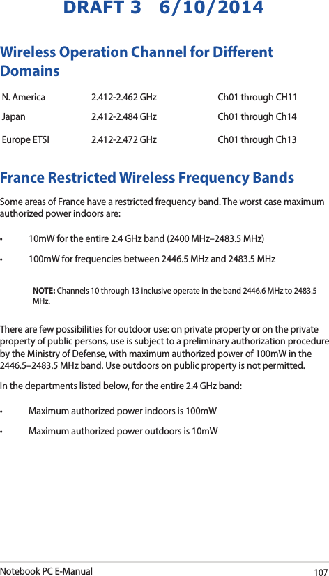 Notebook PC E-Manual107DRAFT 3   6/10/2014France Restricted Wireless Frequency BandsSome areas of France have a restricted frequency band. The worst case maximum authorized power indoors are: • 10mWfortheentire2.4GHzband(2400MHz–2483.5MHz)• 100mWforfrequenciesbetween2446.5MHzand2483.5MHzNOTE: Channels 10 through 13 inclusive operate in the band 2446.6 MHz to 2483.5 MHz.There are few possibilities for outdoor use: on private property or on the private property of public persons, use is subject to a preliminary authorization procedure by the Ministry of Defense, with maximum authorized power of 100mW in the 2446.5–2483.5MHzband.Useoutdoorsonpublicpropertyisnotpermitted.In the departments listed below, for the entire 2.4 GHz band: • Maximumauthorizedpowerindoorsis100mW• Maximumauthorizedpoweroutdoorsis10mWWireless Operation Channel for Dierent DomainsN. America 2.412-2.462 GHz Ch01 through CH11Japan 2.412-2.484 GHz Ch01 through Ch14Europe ETSI 2.412-2.472 GHz Ch01 through Ch13