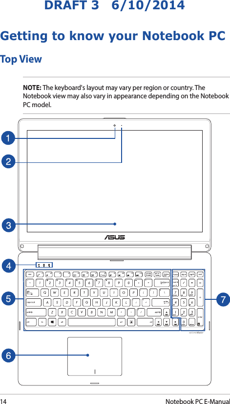 14Notebook PC E-ManualDRAFT 3   6/10/2014Getting to know your Notebook PCTop ViewNOTE: The keyboard&apos;s layout may vary per region or country. The Notebook view may also vary in appearance depending on the Notebook PC model.