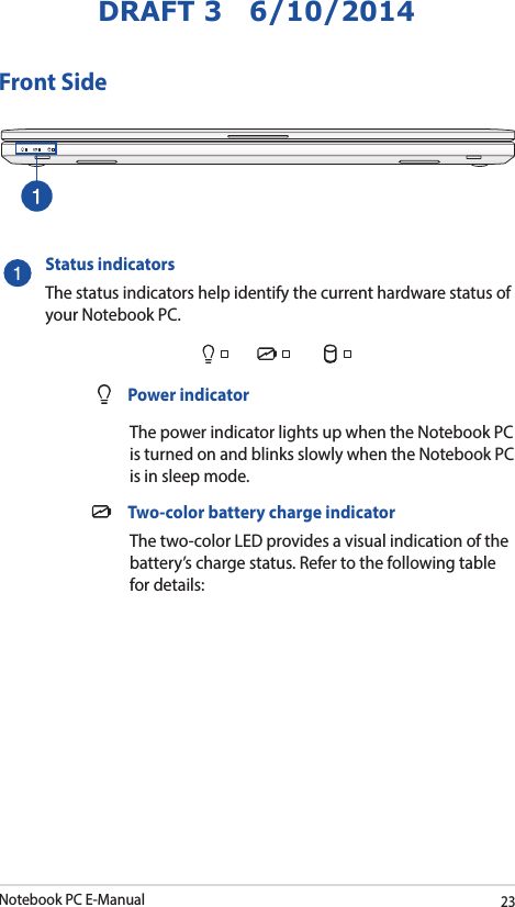 Notebook PC E-Manual23DRAFT 3   6/10/2014Front SideStatus indicators The status indicators help identify the current hardware status of your Notebook PC.   Power indicator  The power indicator lights up when the Notebook PC is turned on and blinks slowly when the Notebook PC is in sleep mode.  Two-color battery charge indicator   The two-color LED provides a visual indication of the battery’s charge status. Refer to the following table for details:
