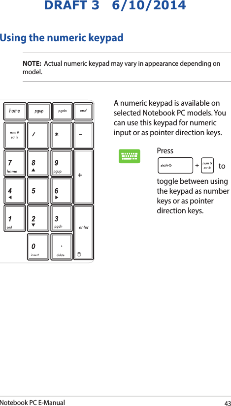 Notebook PC E-Manual43DRAFT 3   6/10/2014Using the numeric keypadA numeric keypad is available on selected Notebook PC models. You can use this keypad for numeric input or as pointer direction keys. Press  to toggle between using the keypad as number keys or as pointer direction keys.NOTE:  Actual numeric keypad may vary in appearance depending on model.