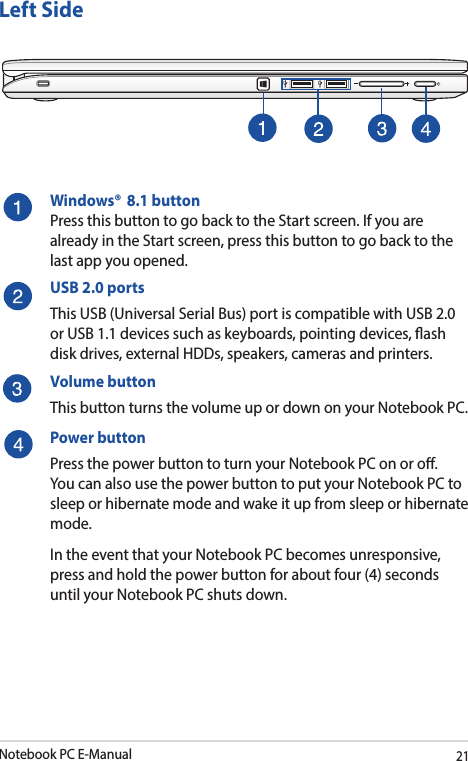 Notebook PC E-Manual21Left SideWindows®  8.1 buttonPress this button to go back to the Start screen. If you are already in the Start screen, press this button to go back to the last app you opened.USB 2.0 portsThis USB (Universal Serial Bus) port is compatible with USB 2.0 or USB 1.1 devices such as keyboards, pointing devices, ash disk drives, external HDDs, speakers, cameras and printers.Volume buttonThis button turns the volume up or down on your Notebook PC.Power buttonPress the power button to turn your Notebook PC on or o. You can also use the power button to put your Notebook PC to sleep or hibernate mode and wake it up from sleep or hibernate mode.In the event that your Notebook PC becomes unresponsive, press and hold the power button for about four (4) seconds until your Notebook PC shuts down.