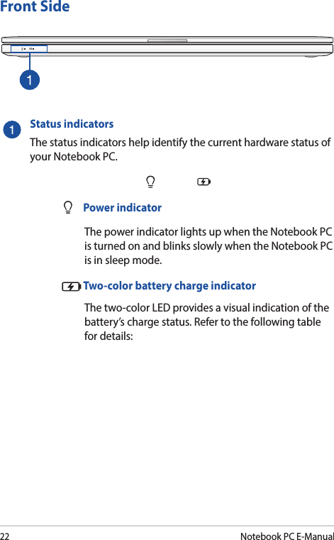 22Notebook PC E-ManualFront SideStatus indicators The status indicators help identify the current hardware status of your Notebook PC.   Power indicator  The power indicator lights up when the Notebook PC is turned on and blinks slowly when the Notebook PC is in sleep mode. Two-color battery charge indicator   The two-color LED provides a visual indication of the battery’s charge status. Refer to the following table for details: