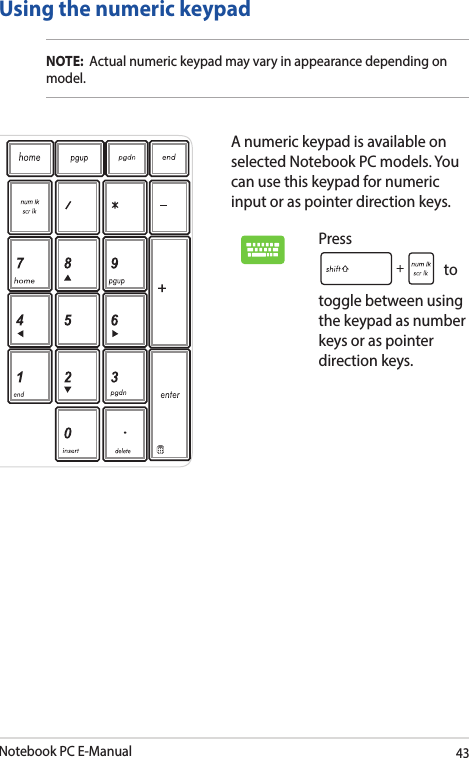 Notebook PC E-Manual43Using the numeric keypadA numeric keypad is available on selected Notebook PC models. You can use this keypad for numeric input or as pointer direction keys. Press  to toggle between using the keypad as number keys or as pointer direction keys.NOTE:  Actual numeric keypad may vary in appearance depending on model.