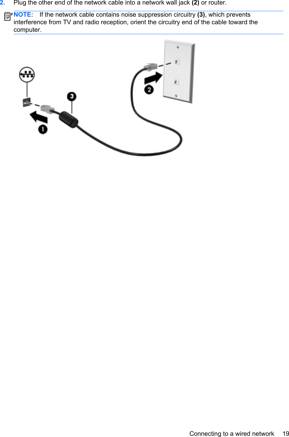2. Plug the other end of the network cable into a network wall jack (2) or router.NOTE: If the network cable contains noise suppression circuitry (3), which preventsinterference from TV and radio reception, orient the circuitry end of the cable toward thecomputer.Connecting to a wired network 19