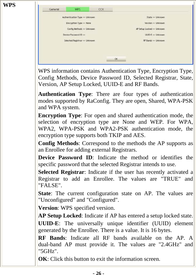  - 26 - WPS  WPS information contains Authentication Type, Encryption Type, Config Methods, Device Password ID, Selected Registrar, State, Version, AP Setup Locked, UUID-E and RF Bands. Authentication Type: There are four types of authentication modes supported by RaConfig. They are open, Shared, WPA-PSK and WPA system. Encryption Type: For open and shared authentication mode, the selection of encryption type are None and WEP. For WPA, WPA2, WPA-PSK and WPA2-PSK authentication mode, the encryption type supports both TKIP and AES. Config Methods: Correspond to the methods the AP supports as an Enrollee for adding external Registrars. Device Password ID: Indicate the method or identifies the specific password that the selected Registrar intends to use. Selected Registrar: Indicate if the user has recently activated a Registrar to add an Enrollee. The values are &quot;TRUE&quot; and &quot;FALSE&quot;. State: The current configuration state on AP. The values are &quot;Unconfigured&quot; and &quot;Configured&quot;. Version: WPS specified version. AP Setup Locked: Indicate if AP has entered a setup locked state. UUID-E: The universally unique identifier (UUID) element generated by the Enrollee. There is a value. It is 16 bytes. RF Bands: Indicate all RF bands available on the AP. A dual-band AP must provide it. The values are &quot;2.4GHz&quot; and &quot;5GHz&quot;. OK: Click this button to exit the information screen. 