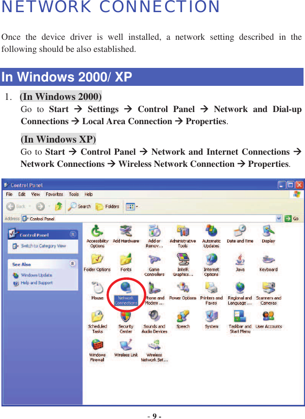 -9 -NETWORK CONNECTION Once  the  device  driver  is  well  installed,  a  network  setting  described  in  the following should be also established. In Windows 2000/ XP 1. (In Windows 2000) Go  to  Start  !  Settings  !  Control  Panel  !  Network  and  Dial-up Connections ! Local Area Connection ! Properties.(In Windows XP)Go to Start ! Control Panel ! Network and Internet Connections !Network Connections ! Wireless Network Connection ! Properties.