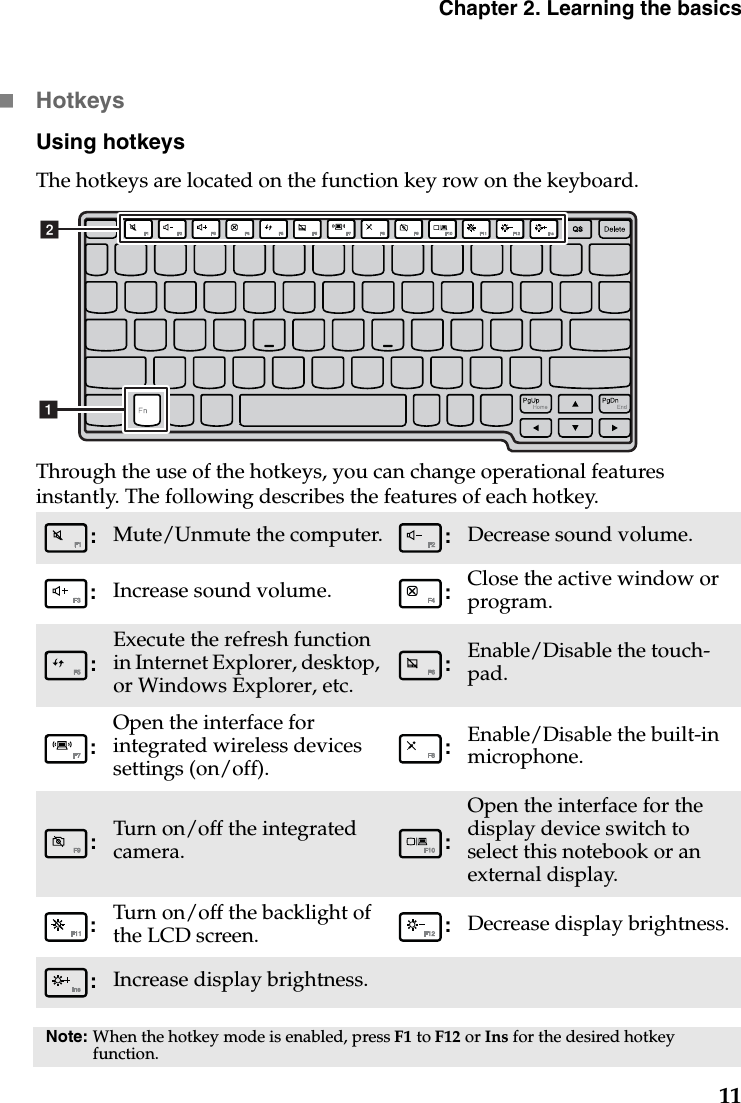 Chapter 2. Learning the basics11HotkeysUsing hotkeysThe hotkeys are located on the function key row on the keyboard.Through the use of the hotkeys, you can change operational features instantly. The following describes the features of each hotkey.:  Mute/Unmute the computer. :  Decrease sound volume.:  Increase sound volume. :  Close the active window or program. : Execute the refresh function in Internet Explorer, desktop, or Windows Explorer, etc.:  Enable/Disable the touch-pad.: Open the interface for integrated wireless devices settings (on/off).:  Enable/Disable the built-in microphone.:  Turn on/off the integrated camera. : Open the interface for the display device switch to select this notebook or an external display.:  Turn on/off the backlight of the LCD screen. :  Decrease display brightness.:  Increase display brightness.Note: When the hotkey mode is enabled, press F1 to F12 or Ins for the desired hotkey function.ab