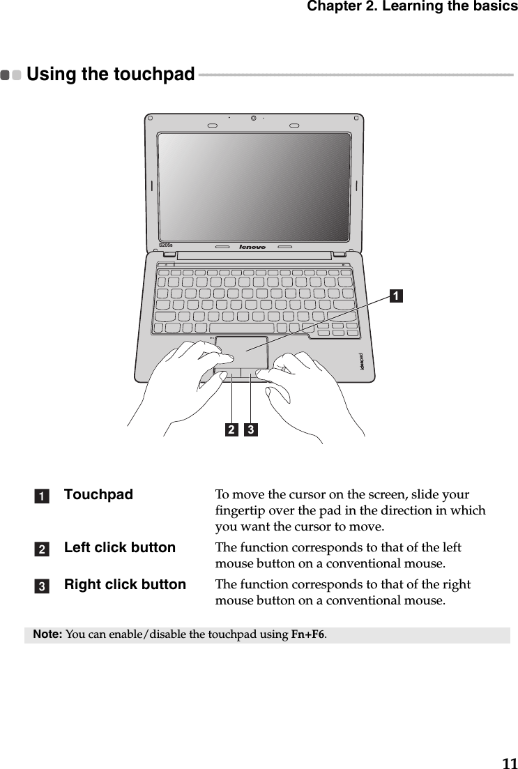 Chapter 2. Learning the basics11Using the touchpad  - - - - - - - - - - - - - - - - - - - - - - - - - - - - - - - - - - - - - - - - - - - - - - - - - - - - - - - - - - - - - - - - - - - - - - - - - - - - - - -  Touchpad To move the cursor on the screen, slide your fingertip over the pad in the direction in which you want the cursor to move.Left click button The function corresponds to that of the left mouse button on a conventional mouse.Right click button The function corresponds to that of the right mouse button on a conventional mouse.Note: You can enable/disable the touchpad using Fn+F6.12 3S205sabc
