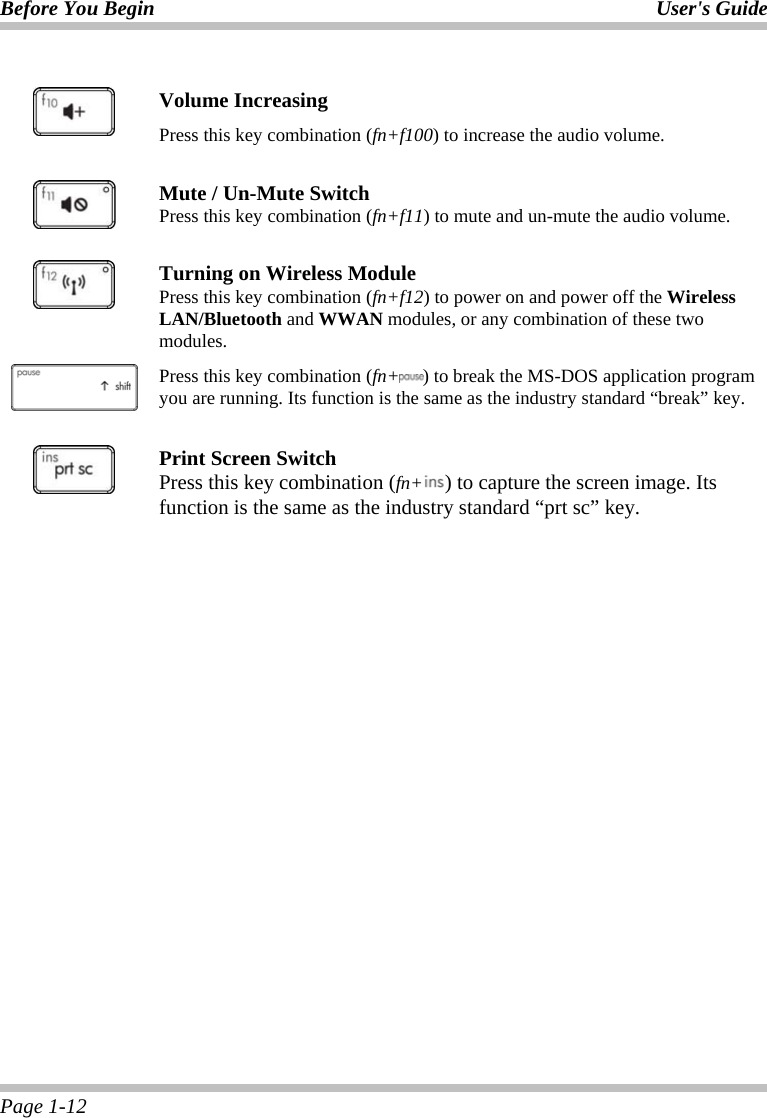 Before You Begin User&apos;s Guide Page 1-12    Volume Increasing  Press this key combination (fn+f100) to increase the audio volume.    Mute / Un-Mute Switch Press this key combination (fn+f11) to mute and un-mute the audio volume.   Turning on Wireless Module  Press this key combination (fn+f12) to power on and power off the Wireless LAN/Bluetooth and WWAN modules, or any combination of these two modules. Press this key combination (fn+ ) to break the MS-DOS application program you are running. Its function is the same as the industry standard “break” key.   Print Screen Switch Press this key combination (fn+ ) to capture the screen image. Its function is the same as the industry standard “prt sc” key.    