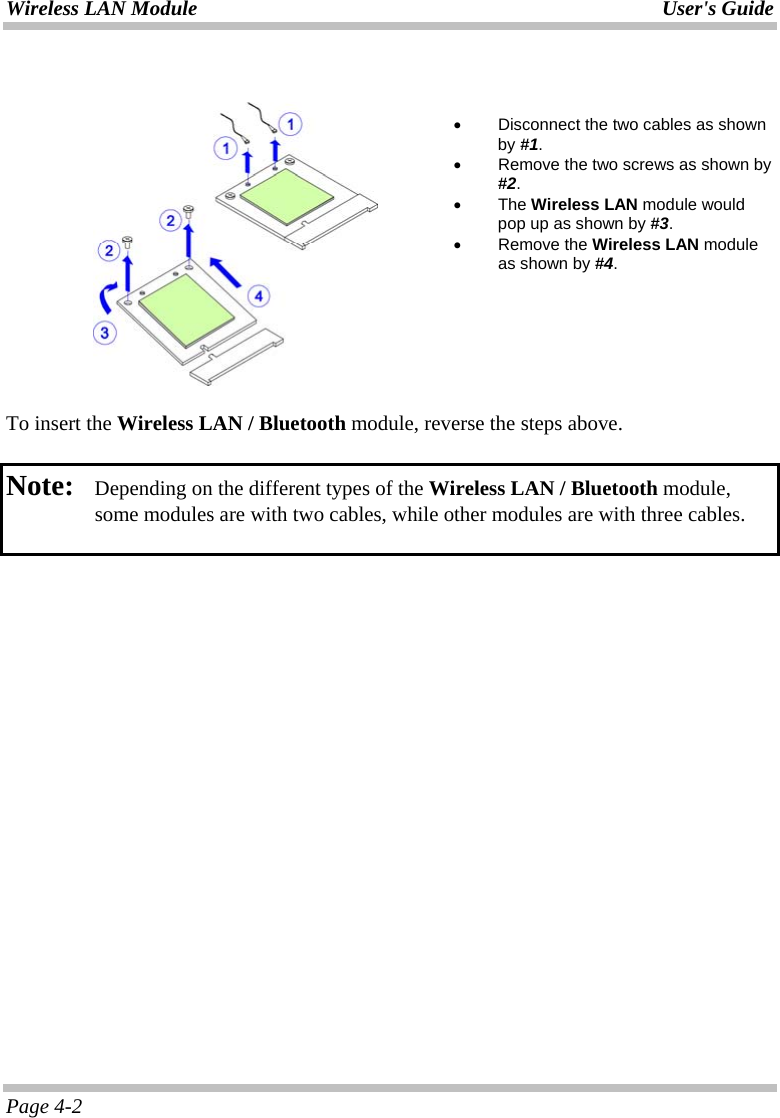 Wireless LAN Module User&apos;s Guide Page 4-2       •  Disconnect the two cables as shown by #1.  •  Remove the two screws as shown by #2. • The Wireless LAN module would pop up as shown by #3. • Remove the Wireless LAN module as shown by #4. To insert the Wireless LAN / Bluetooth module, reverse the steps above.  Note:   Depending on the different types of the Wireless LAN / Bluetooth module, some modules are with two cables, while other modules are with three cables.    