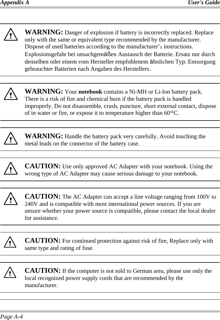 Appendix A  User&apos;s Guide Page A-4   WARNING: Danger of explosion if battery is incorrectly replaced. Replace only with the same or equivalent type recommended by the manufacturer. Dispose of used batteries according to the manufacturer’s instructions. Explosionsgefahr bei unsachgemäßen Austausch der Batterie. Ersatz nur durch denselben oder einem vom Hersteller empfohlenem ähnlichen Typ. Entsorgung gebrauchter Batterien nach Angaben des Herstellers.    WARNING: Your notebook contains a Ni-MH or Li-Ion battery pack. There is a risk of fire and chemical burn if the battery pack is handled improperly. Do not disassemble, crush, puncture, short external contact, dispose of in water or fire, or expose it to temperature higher than 60ºC.    WARNING: Handle the battery pack very carefully. Avoid touching the metal leads on the connector of the battery case.    CAUTION: Use only approved AC Adapter with your notebook. Using the wrong type of AC Adapter may cause serious damage to your notebook.    CAUTION: The AC Adapter can accept a line voltage ranging from 100V to 240V and is compatible with most international power sources. If you are unsure whether your power source is compatible, please contact the local dealer for assistance.      CAUTION: For continued protection against risk of fire, Replace only with same type and rating of fuse.    CAUTION: If the computer is not sold to German area, please use only the local recognized power supply cords that are recommended by the manufacturer.   