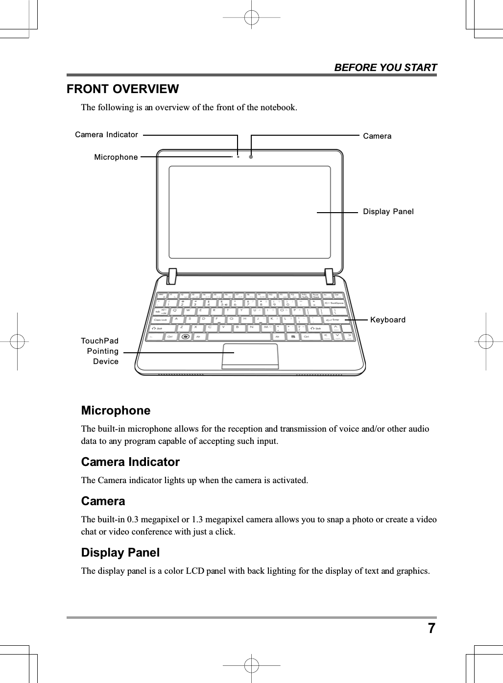 BEFORE YOU START7FRONT OVERVIEWThe following is an overview of the front of the notebook.MicrophoneThe built-in microphone allows for the reception and transmission of voice and/or other audiodata to any program capable of accepting such input.Camera IndicatorThe Camera indicator lights up when the camera is activated.CameraThe built-in 0.3 megapixel or 1.3 megapixel camera allows you to snap a photo or create a videochat or video conference with just a click.Display PanelThe display panel is a color LCD panel with back lighting for the display of text and graphics.MicrophoneCamera Indicator CameraDisplay PanelKeyboardTouchPadPointingDevice