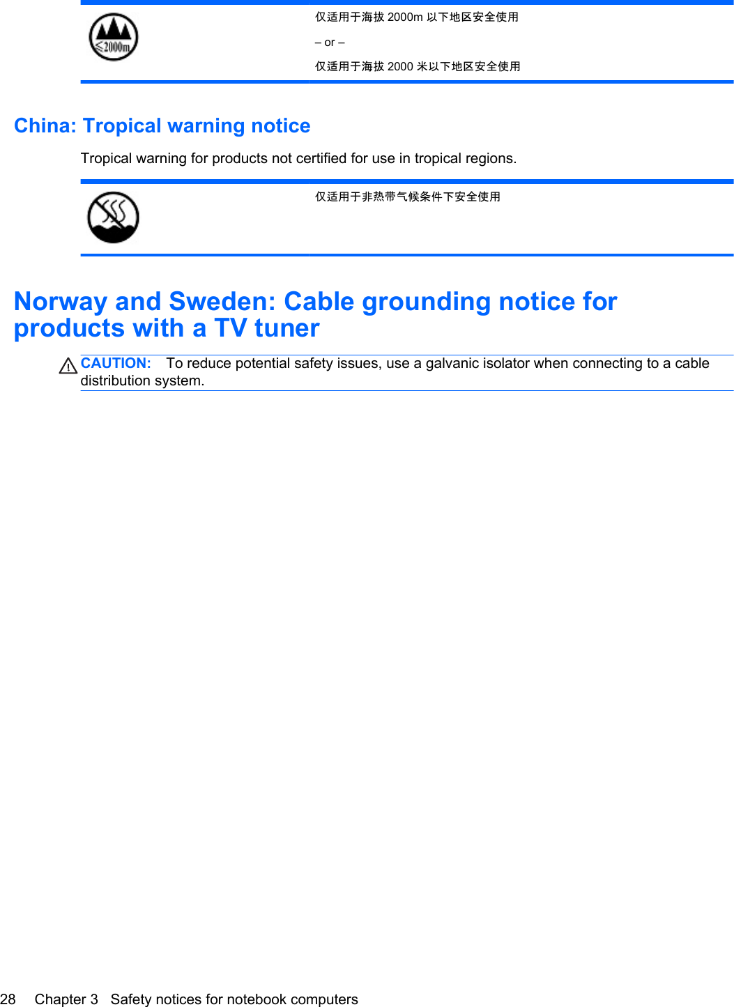 仅适用于海拔 2000m 以下地区安全使用– or –仅适用于海拔 2000 米以下地区安全使用China: Tropical warning noticeTropical warning for products not certified for use in tropical regions.仅适用于非热带气候条件下安全使用Norway and Sweden: Cable grounding notice forproducts with a TV tunerCAUTION: To reduce potential safety issues, use a galvanic isolator when connecting to a cabledistribution system.28 Chapter 3   Safety notices for notebook computers