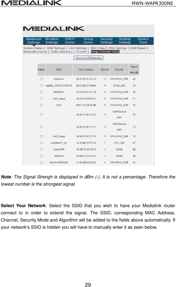                                                   MWN-WAPR300NE  29   Note: The Signal Strengh is displayed in dBm (-). It is not a percentage. Therefore the lowest number is the strongest signal.   Select  Your  Network:  Select the  SSID  that  you  wish  to  have  your  Medialink  router connect  to  in  order  to  extend  the  signal.  The  SSID,  corresponding  MAC  Address, Channel, Security Mode and Algorithm will be added to the fields above automatically. If your network&rsquo;s SSID is hidden you will have to manually enter it as seen below.    