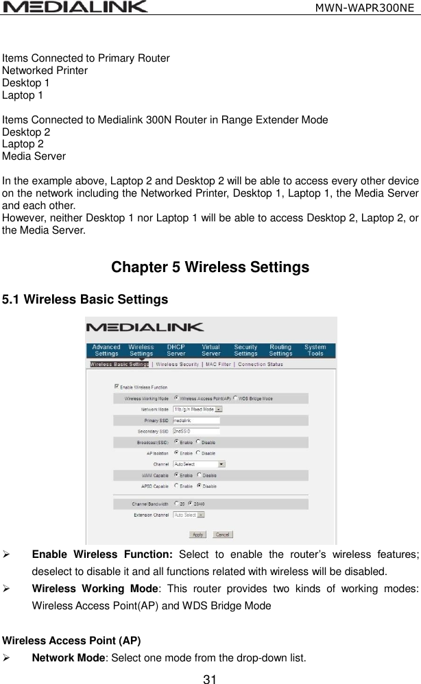                                                  MWN-WAPR300NE  31  Items Connected to Primary Router Networked Printer Desktop 1 Laptop 1  Items Connected to Medialink 300N Router in Range Extender Mode Desktop 2 Laptop 2 Media Server  In the example above, Laptop 2 and Desktop 2 will be able to access every other device on the network including the Networked Printer, Desktop 1, Laptop 1, the Media Server and each other. However, neither Desktop 1 nor Laptop 1 will be able to access Desktop 2, Laptop 2, or the Media Server.  Chapter 5 Wireless Settings   5.1 Wireless Basic Settings   Enable  Wireless  Function:  Select  to  enable  the  router&rsquo;s  wireless  features; deselect to disable it and all functions related with wireless will be disabled.    Wireless  Working  Mode:  This  router  provides  two  kinds  of  working  modes: Wireless Access Point(AP) and WDS Bridge Mode  Wireless Access Point (AP)  Network Mode: Select one mode from the drop-down list. 