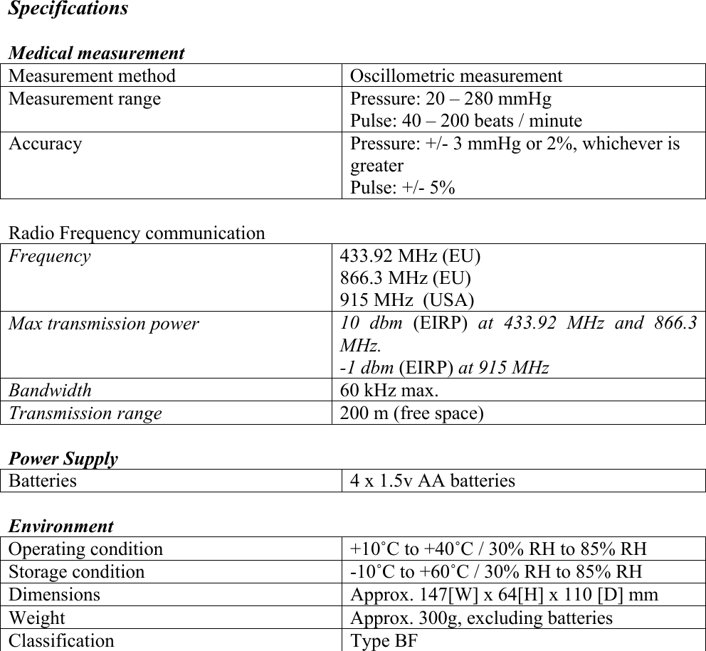 Specifications  Medical measurement Measurement method  Oscillometric measurement Measurement range  Pressure: 20 &ndash; 280 mmHg Pulse: 40 &ndash; 200 beats / minute Accuracy  Pressure: +/- 3 mmHg or 2%, whichever is greater Pulse: +/- 5%  Radio Frequency communication Frequency  433.92 MHz (EU) 866.3 MHz (EU) 915 MHz  (USA) Max transmission power  10 dbm (EIRP)  at 433.92 MHz and 866.3 MHz. -1 dbm (EIRP) at 915 MHz Bandwidth  60 kHz max. Transmission range  200 m (free space)  Power Supply Batteries   4 x 1.5v AA batteries  Environment  Operating condition   +10˚C to +40˚C / 30% RH to 85% RH Storage condition  -10˚C to +60˚C / 30% RH to 85% RH Dimensions  Approx. 147[W] x 64[H] x 110 [D] mm Weight  Approx. 300g, excluding batteries Classification Type BF 