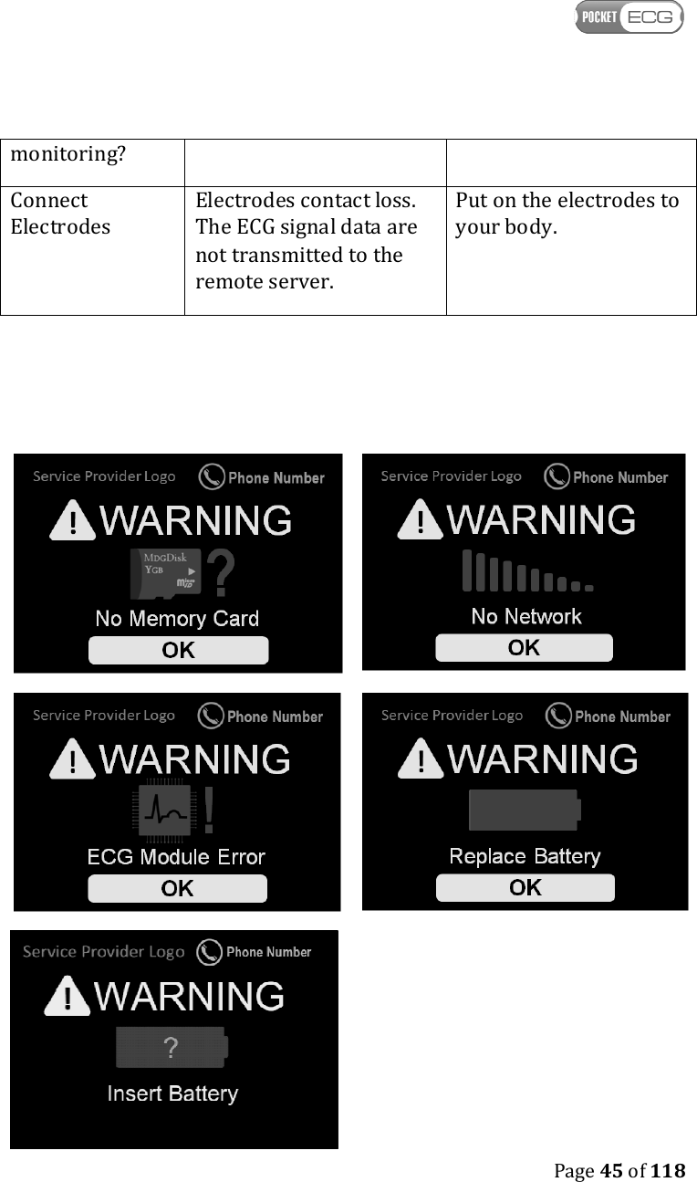    Page 45 of 118  monitoring? Connect Electrodes Electrodes contact loss. The ECG signal data are not transmitted to the remote server. Put on the electrodes to your body.         