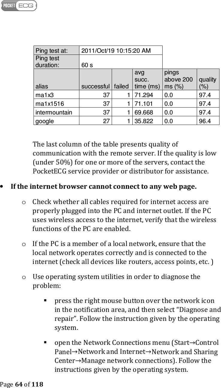    Page 64 of 118  Ping test at:  2011/Oct/19 10:15:20 AM   Ping test duration:  60 s   alias  successful failed avg succ. time (ms) pings above 200 ms (%) quality (%) ma1x3  37 1 71.294  0.0  97.4 ma1x1516  37 1 71.101  0.0  97.4 intermountain  37 1 69.668  0.0  97.4 google  27 1 35.822  0.0  96.4  The last column of the table presents quality of communication with the remote server. If the quality is low (under 50%) for one or more of the servers, contact the PocketECG service provider or distributor for assistance. • If the internet browser cannot connect to any web page. o Check whether all cables required for internet access are properly plugged into the PC and internet outlet. If the PC uses wireless access to the internet, verify that the wireless functions of the PC are enabled. o If the PC is a member of a local network, ensure that the local network operates correctly and is connected to the internet (check all devices like routers, access points, etc. ) o Use operating system utilities in order to diagnose the problem:  press the right mouse button over the network icon in the notification area, and then select “Diagnose and repair”. Follow the instruction given by the operating system.   open the Network Connections menu (Start→Control Panel→Network and Internet→Network and Sharing Center→Manage network connections). Follow the instructions given by the operating system. 