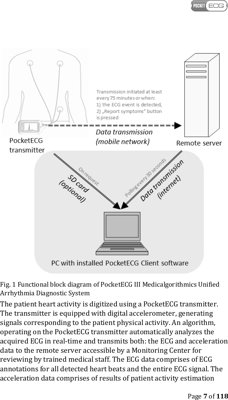    Page 7 of 118   Fig. 1 Functional block diagram of PocketECG III Medicalgorithmics Unified Arrhythmia Diagnostic System The patient heart activity is digitized using a PocketECG transmitter. The transmitter is equipped with digital accelerometer, generating signals corresponding to the patient physical activity. An algorithm, operating on the PocketECG transmitter automatically analyzes the acquired ECG in real-time and transmits both: the ECG and acceleration data to the remote server accessible by a Monitoring Center for reviewing by trained medical staff. The ECG data comprises of ECG annotations for all detected heart beats and the entire ECG signal. The acceleration data comprises of results of patient activity estimation 